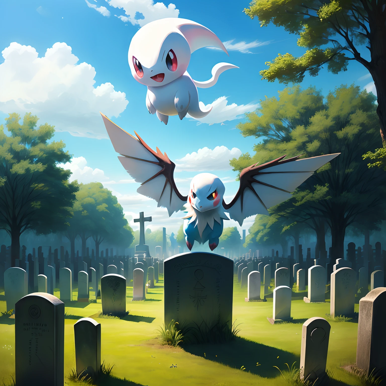 Ghost type Pokémon flying in a graveyard