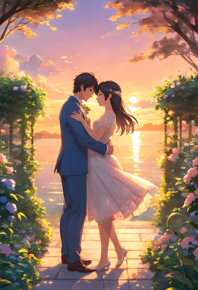 A beautiful scene unfolds as the groom carries his bride in his arms during the enchanting sunset in a magnificent garden. O calor, The golden light of the setting sun casts a soft glow over the couple, Somando-se ao romance do momento. Contra o pano de fundo do jardim deslumbrante, vibrant flowers and lush vegetation create a picturesque backdrop for this tender scene. The beauty of the garden is amplified by the soft, Ethereal sunset tones, turning it into a dreamlike paradise. The groom's strong, protective embrace contrasts with the bride's delicate grace as he carries her effortlessly. His radiant smile and cheerful expression mirror the happiness of the occasion, criando uma atmosfera de pura felicidade. Os raios solares iluminam o casal, accentuating your connection and love. The way the light dances on their faces and costumes adds a touch of magic to the moment, As if the universe itself was celebrating their union. Capturado contra o pano de fundo do sol minguante, This scene captures the essence of romance and the promise of a new beginning. A imagem reflete a beleza atemporal do amor e o poder dos momentos compartilhados, reminding us of the deep bonds that unite two hearts.