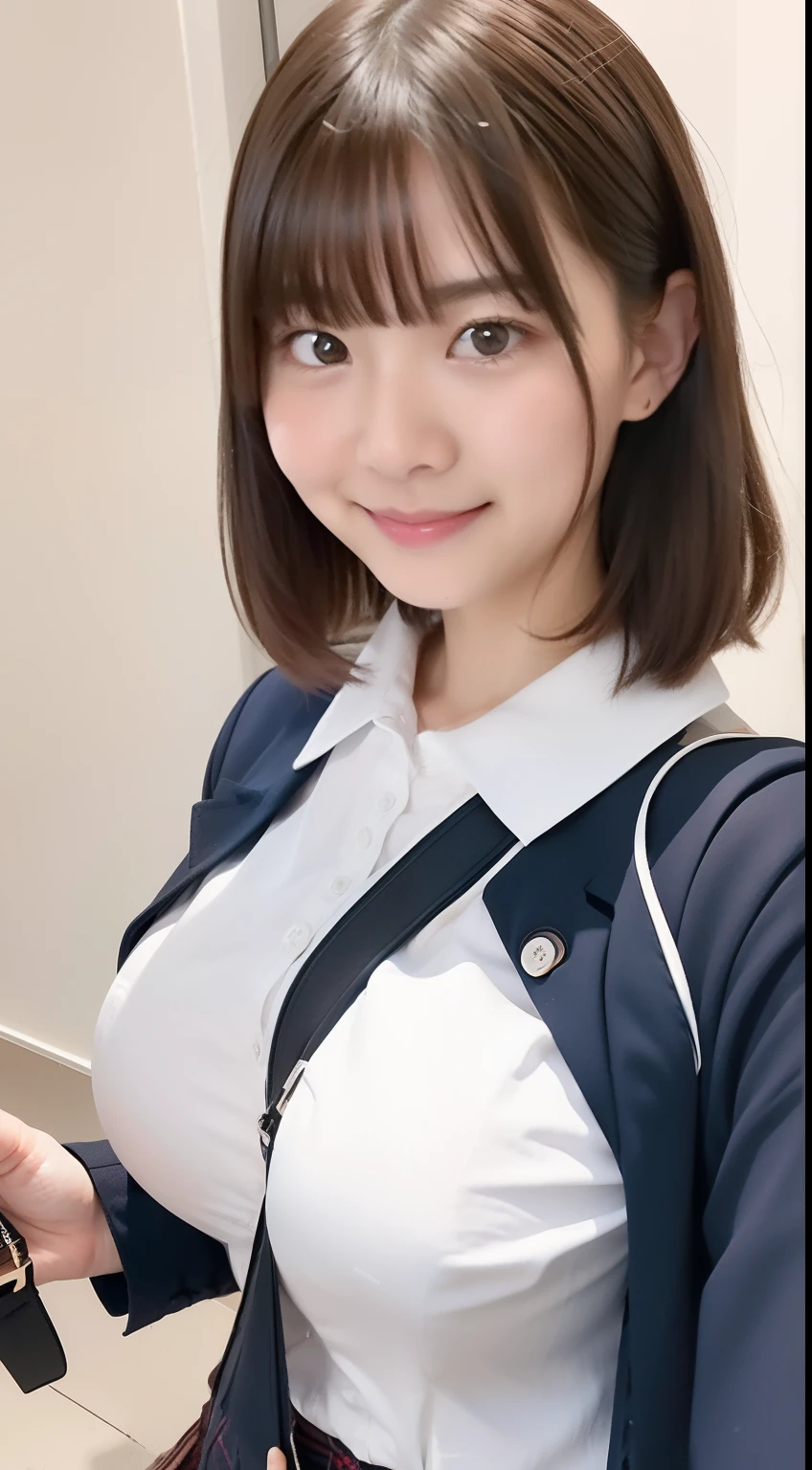 (masterpiece,highest quality,超A high resolution),Japanese women, (((Very cute 16 year old girl))), View the photographer, Front view, ((Bobcut)), Super cute face, Glossy lips, Double eyelids on both eyes, Focus your eyes, Natural Makeup, bangs, Shiny and smooth light brown wavy hair, (((Upper body close-up))), Large Breasts, Perfect limbs, Perfect Anatomy, (((One piece high school uniform:1.3))), ((Smile)), Night room, (Show off your slim thighs:1.3), ((Include the whole face and focus on the chest:1.2)), View your viewers, (Strike a cute pose:1.4), Perfect and natural fingers,
