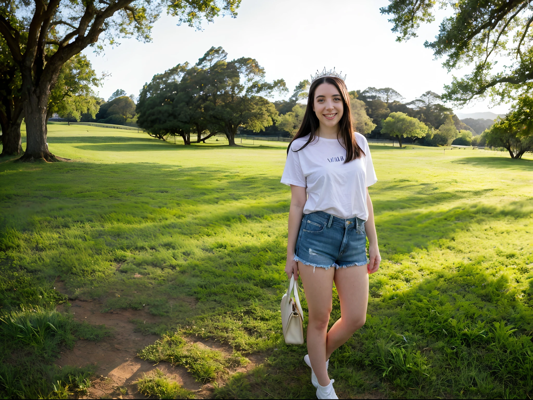 hyper-realistic photo of Angela White, 28 years old (wearing frayed denim shorts and loose white t-shirt) (spring queen outfit, flower tiara) (silky hair, loose hair) (piercing eyes, staring at the viewer) (enigmatic smile) in a lush green open field (Sonoma, CA, USA), Nature, outdoors, Trees, grass, Bushes, sunny spring day, Spring colors, Analog Quality, Best shadow, filmic grain, soft shadows, high contrast, HDR , elevated highlights (full shot, one person, full body)