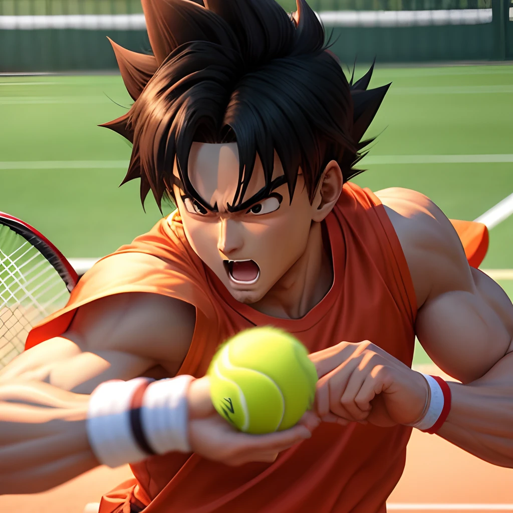 Make a realistic portrait of a gennin shonen goku playing the sport tennis