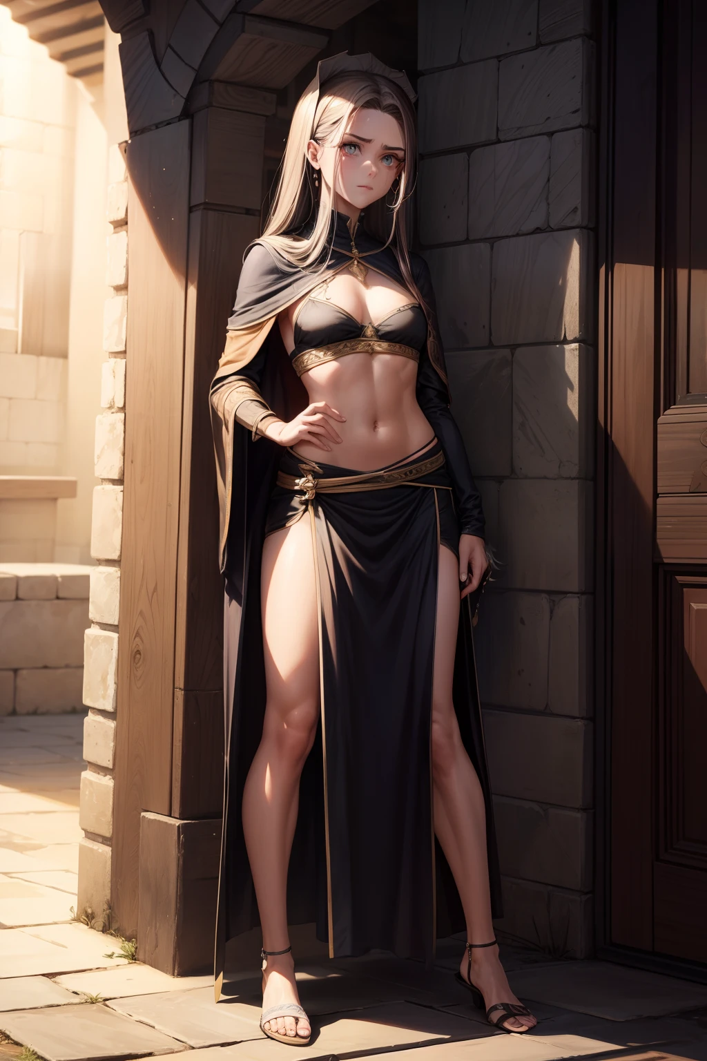 visible scar marked on gnawed face tunic Full body Height: Altura media, aproximadamente 1.75 metros.cara: Tiene una cara triangular que le da una piel: Your skin is pale, lo que contrasta con su cabello oscuro y ojos marrones claros.cabello: Lleva un peinado llamado "textura," lo que le da un aspecto despeinado pero bien cuidado.barba: tiene un "o "cotina de barbilla" Estilo barba, in which its marked jaw stands out.ojos: Her light brown eyes sparkle with a playful and wicked touch.Cicatrices:Tiene una cicatriz distintiva en la mejilla, giving it an air of mystery and harshness.tez:Your muscles are not very well defined, which makes him look a little skinny but in monk's robes