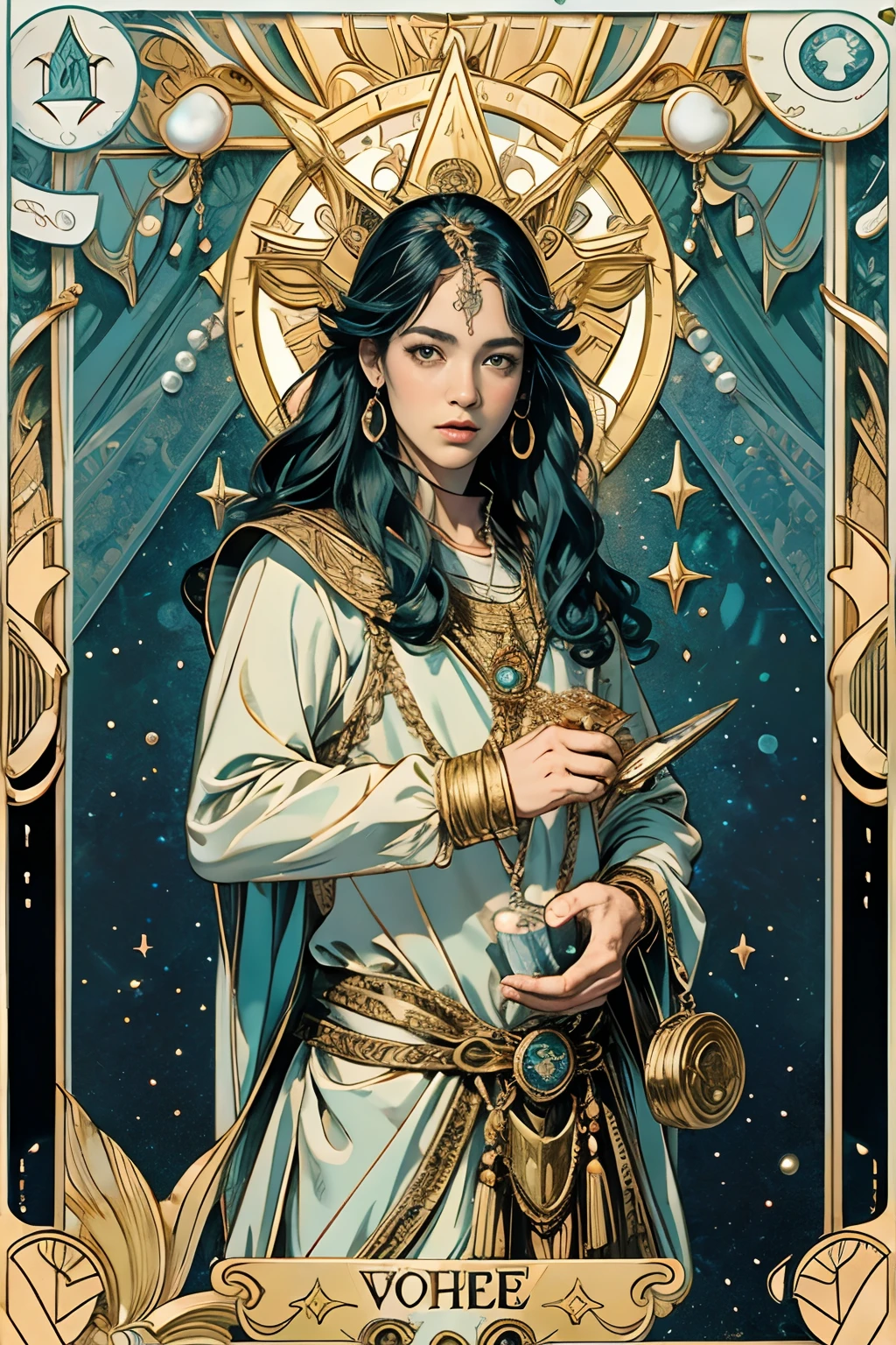 tarot cards，Full tarot border，(The image is surrounded by a tarot card-style border:1.8)（best images quality），（Extremely detailed description），offcial art, Unity 8k壁纸, Ultra-detailed, Beautiful and aesthetically pleasing, tmasterpiece, best qualityer, 1 piece of medieval armor，, (Hairstyles: Long hair) Ocean, Extremely detailed, dynamic angle, Cowboy shot, The most beautiful forms of chaos, Fauvistdesign, vivd colour, romanticism lain, Seafoam, Buble, shells, Fish, pearls，Holding a cute toy，Strong man，Vintage style，（zentangle，datura，Tangles，entangled），holy rays，gold foil，Gold leaf art，glitter drawing