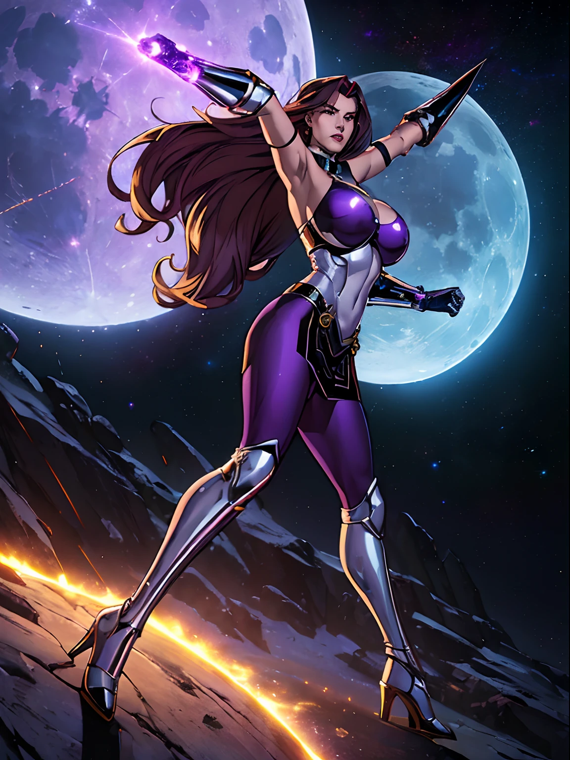 (masterpiece, top quality, best quality, official art, beautiful and aesthetic:1.2), (1girl:1.3), extremely long curly golden hair, extremely detailed, portrait, looking at viewer, solo, (full body:0.6), detailed background, close up, (cool science fiction space theme:1.1), extremely busty valkyrie, charlatan, mysterious, shooting lasers in space, cybernetic angel, huge feathered wings, chrome boob armor, dark purple streamers and skirts and sleeves and knee wrappings, cybernetic implants, mechanical hand, laser cannon, arm cannon, revealing chrome armor, bare midriff, glowing laser energy, halo, intricate armor, ornate chrome armor, sheer white fabric, elegant purple fabric, skirts, streamers, cowl, boots, bracers, ((((gigantic breasts))), slim waist, slim hips, long legs, athletic, SPACE, futuristic moon, (space exterior:1.1) background, dark mysterious lighting, shadows, magical atmosphere, dutch angle