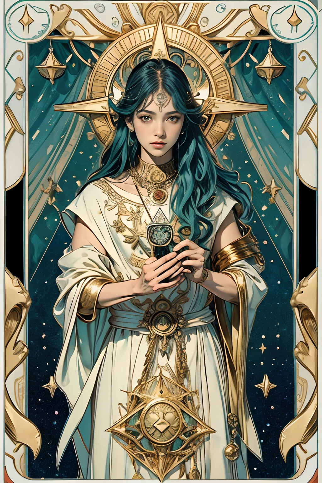 tarot cards，Full tarot border，(The image is surrounded by a tarot card-style border:1.8)（best images quality），（Extremely detailed description），offcial art, Unity 8k壁纸, Ultra-detailed, Beautiful and aesthetically pleasing, tmasterpiece, best qualityer, 1 piece of medieval armor，, (Hairstyles: Long hair) Ocean, Extremely detailed, dynamic angle, Cowboy shot, The most beautiful forms of chaos, Fauvistdesign, vivd colour, romanticism lain, Seafoam, Buble, shells, Fish, pearls，Holding a cute toy，Strong man，Vintage style，（zentangle，datura，Tangles，entangled），holy rays，gold foil，Gold leaf art，glitter drawing