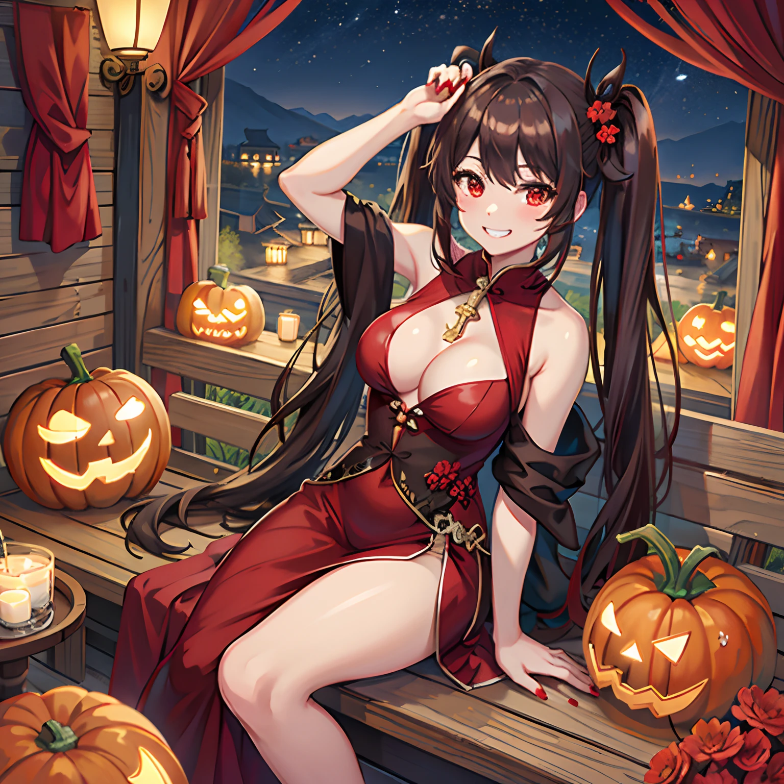8k, highres, ultra detailed, (masterpiece:1.4), 1girl , bare arms , bare shoulders , brown hair , grin , hand up , jack-o'-lantern , large breasts , nail polish , night sky , outdoors , red eyes , red nails , sitting , sky , sleeveless dress , smile , solo , thighs , twintails,hu tao (genshin impact)