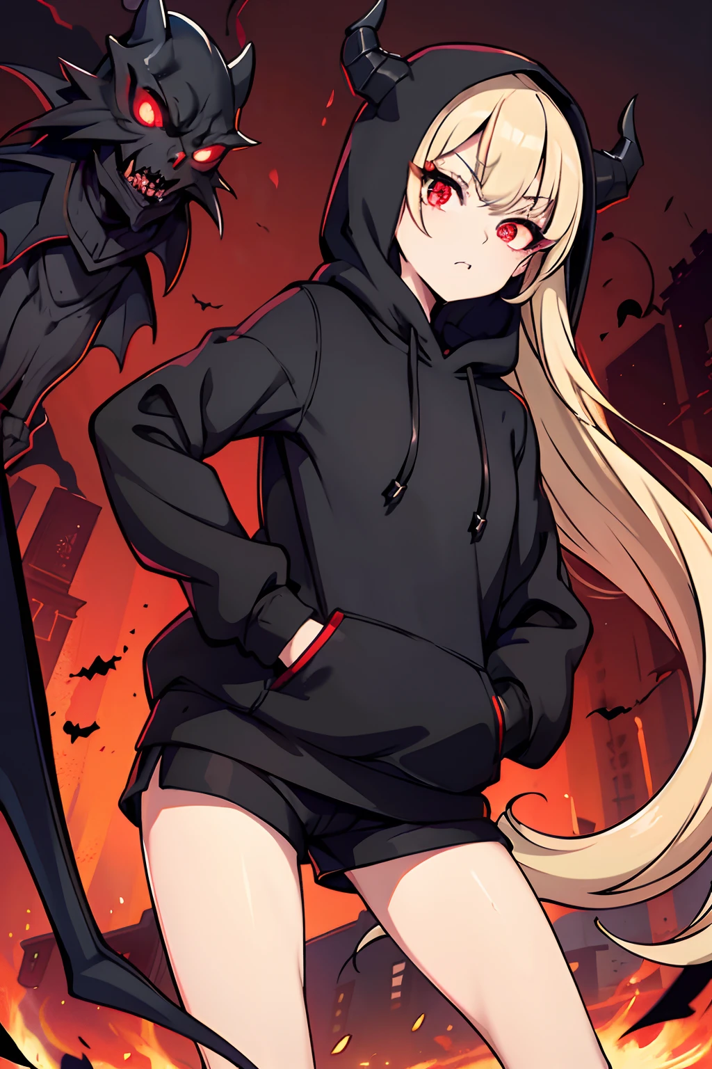 best quality, expressive eyes, perfect face, small shorts, sleek legs, black hoodie, hood over head, hood raised, long blonde hair, glowing eyes, red eyes, side glance, hands in pockets, butt view, rear focus, accidental exposure, plump butt, booty shorts, standing in bedroom, bending over