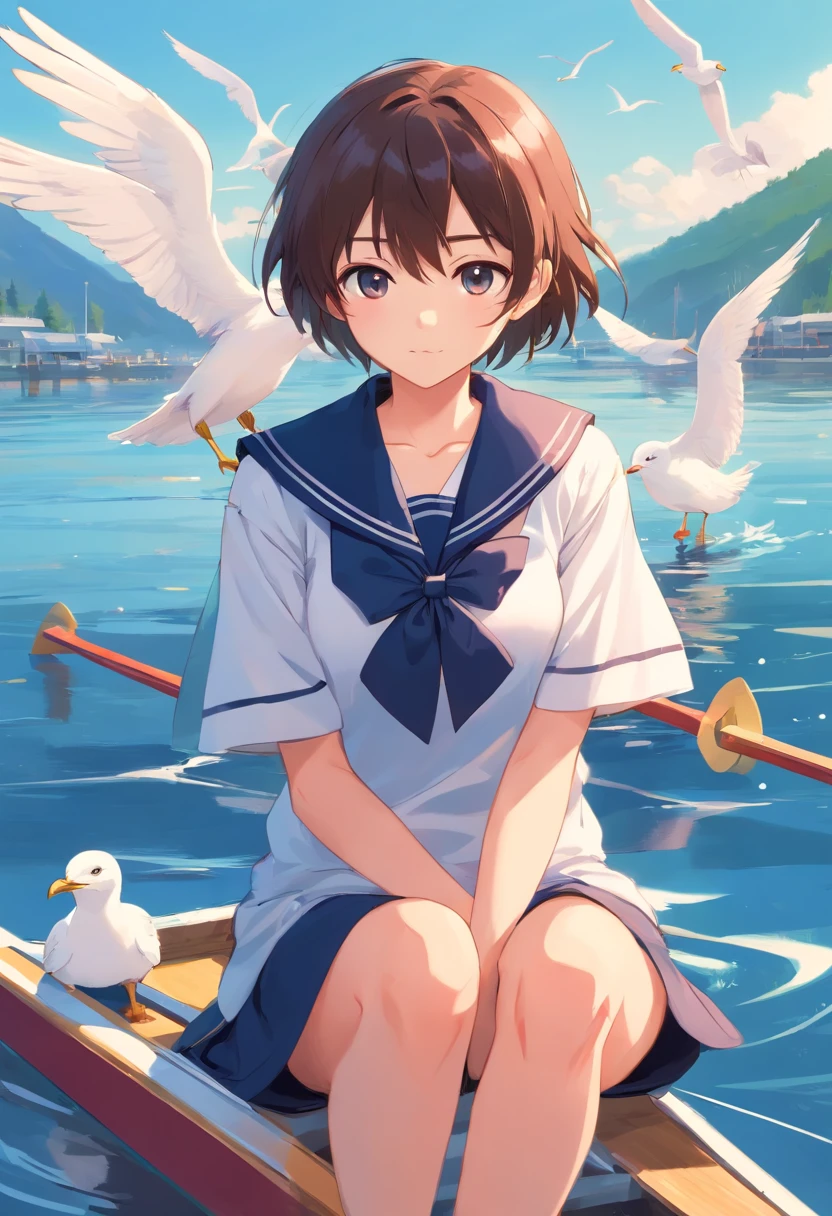 com mascot,Seagulls in sailor suits,In rowing oars,cartoony,planar,fatness,
