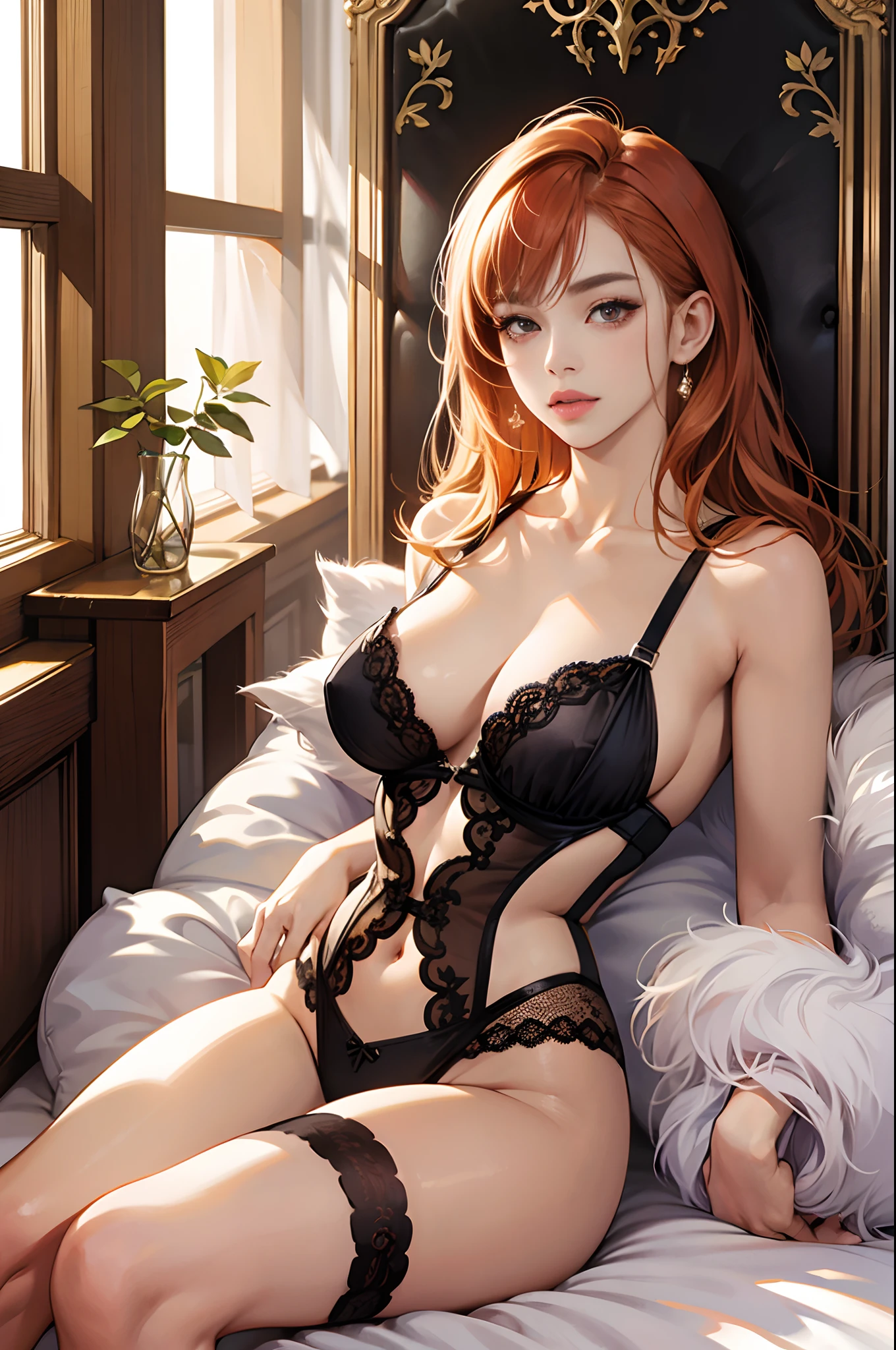 girl, ginger hair, ite body, large breast, In lace lingerie, realistic, seductive pose --auto --s2