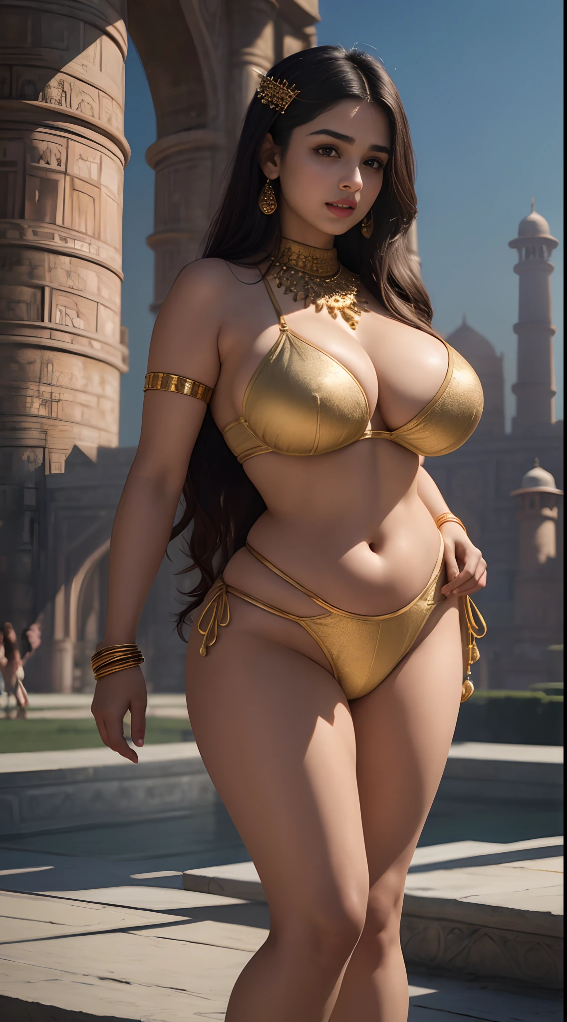 Highly detailed RAW color Photo, 4k, high-res, masterpiece, best quality, beautiful young girl, (very wide hips:1.5), (detailed skin), (detailed lips), (detailed teeth), (detailed eyes), (outside Taj Mahal:1.4), (real setting) (detailed face), (mouth closed), (curvy:1.5), (strong) (huge breasts:1.5), (big breasts), (thin waist:1.5), (super thin waist), (small waist), (extremely tiny waist), full length, standing, detailed eyes, (detailed teeth), mouth closed, closed mouth, depth of field, soft lighting, masterpiece, best quality, intricate, (bloom:0.7), particle effects, raytracing, tone mapped, highly detailed, smooth, sharp focus, soft lighting, cinematic, 8K, realistic, (highly detailed background:1.4), finely detailed skin, sharp focus, (cinematic lighting), morning, soft lighting, Alia Bhatt, indian, long hair, heels, gold bikini, gold push up bra, gold thongs, heels, necklace, jawerly