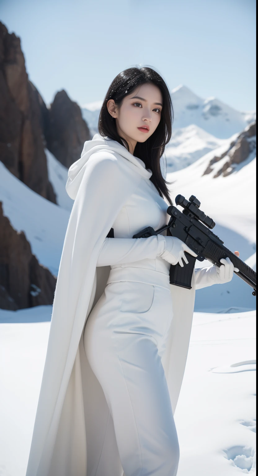 snow mountains，Photorealistic, high resolution, Beautiful tall woman, Solo,  view the viewer, (Detailed face),Black color hair, long whitr hair, White cape costume,Plain white jumpsuit， Snow background, Girl aiming AK-47 assault rifle（Realistic1.5）