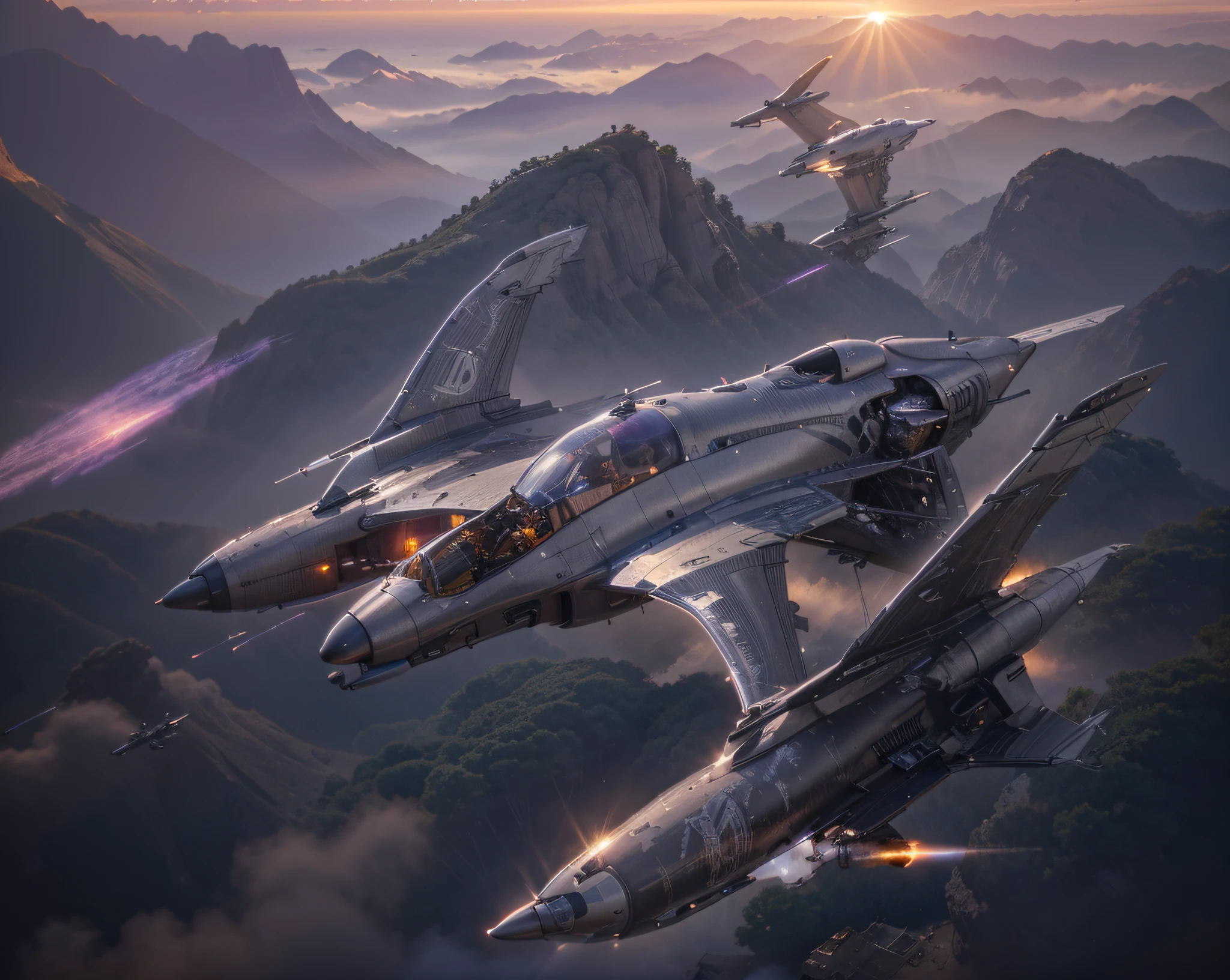 futuristic aircraft Biomechanical metallic, gray color with purple details, shoots laser rays, beautiful sunset, Ultra detailed, Hyper realistic, 4k, Ultra detailed image, realistic, Highly detailed, perfect composition, beautiful intricately detailed incredibly detailed, 8K fine art photography, hyper detailed, Masterpiece