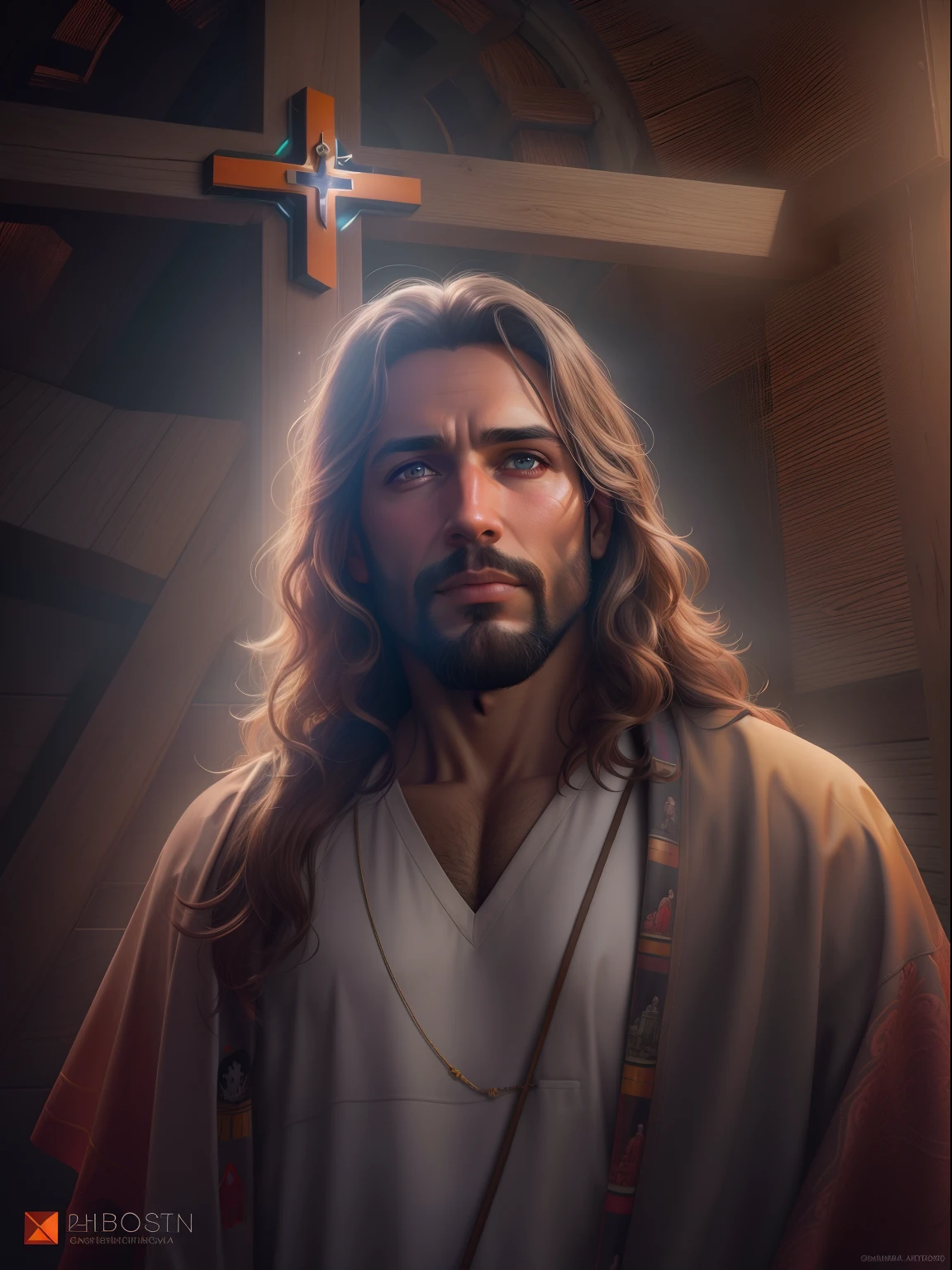 ((Retrato realista de Jesus Cristo)), corpo inteiro, aura sagrada, cinematiclight, retratado em 4K hiperdetalhado. Um close-up de Jesus, Com amor, Olhos compassivos, barba longa, e cabelos castanhos cacheados. A luz quente destaca a figura de um homem, Looking forward with a compassionate expression. The background features a wooden cross and dark sky, retratado em 8K. The style is portrayed in a soft and cinematic way, com cores neutras e efeitos HDR. The artwork strives for high quality, com detalhes intrincados, fundos complexos, and an artistic mix of influences from Greg Rutkowski and Artgerm.