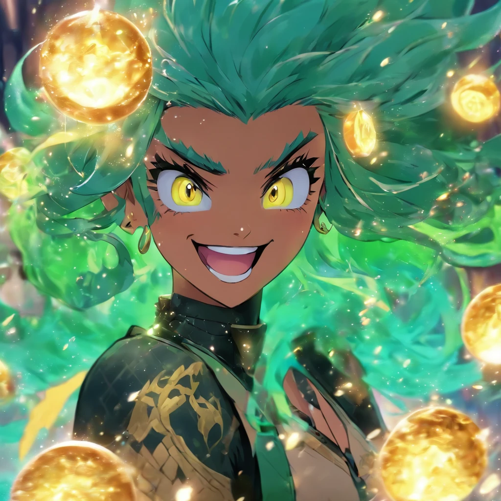 D&D style, triton, blue skin, green hair, ramona flowers hair style, smiling, terno,barista, tapa olho preto no olho esquerdo, olhos amarelos