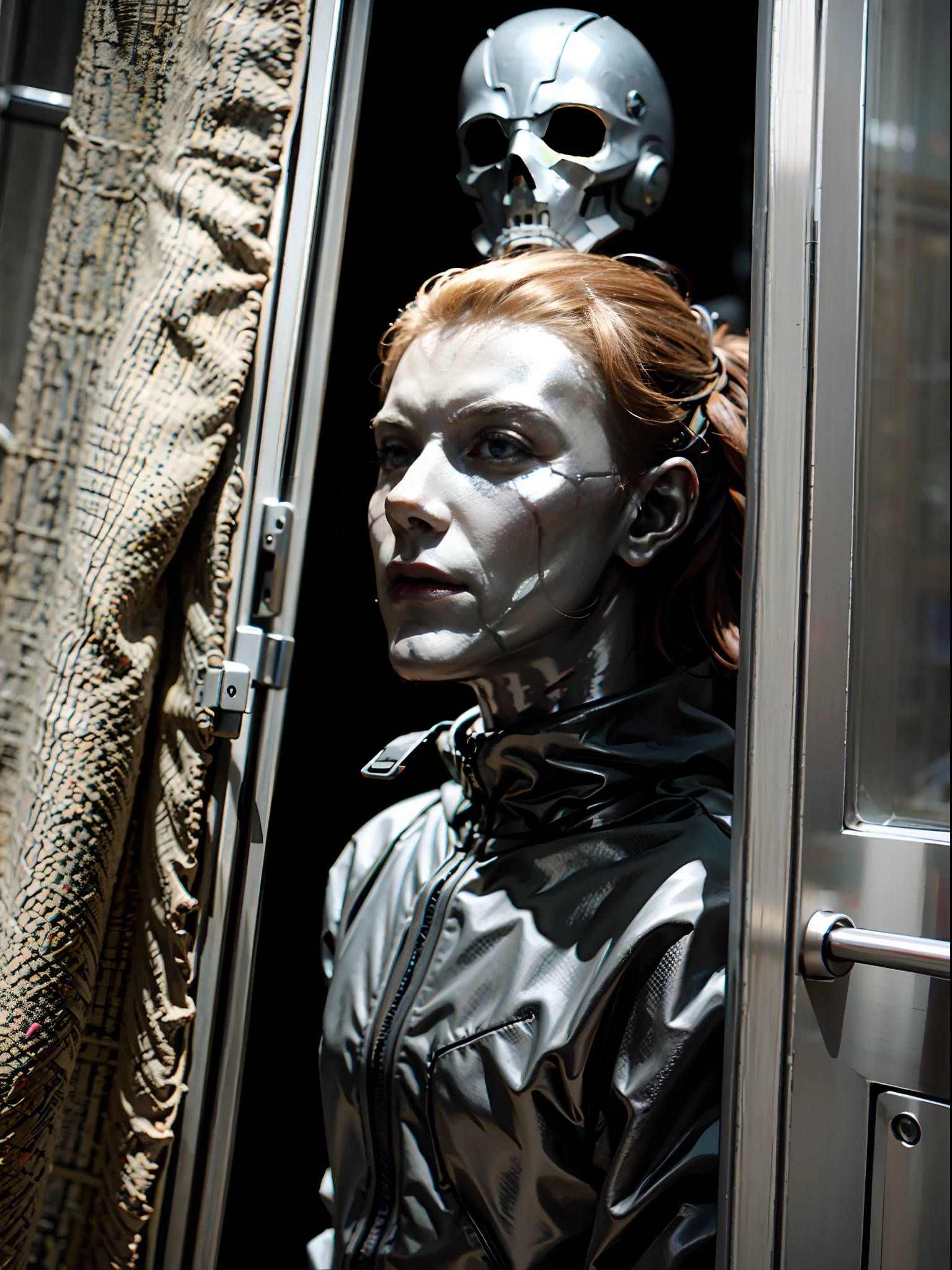 A MAN made of metal, standing at a door