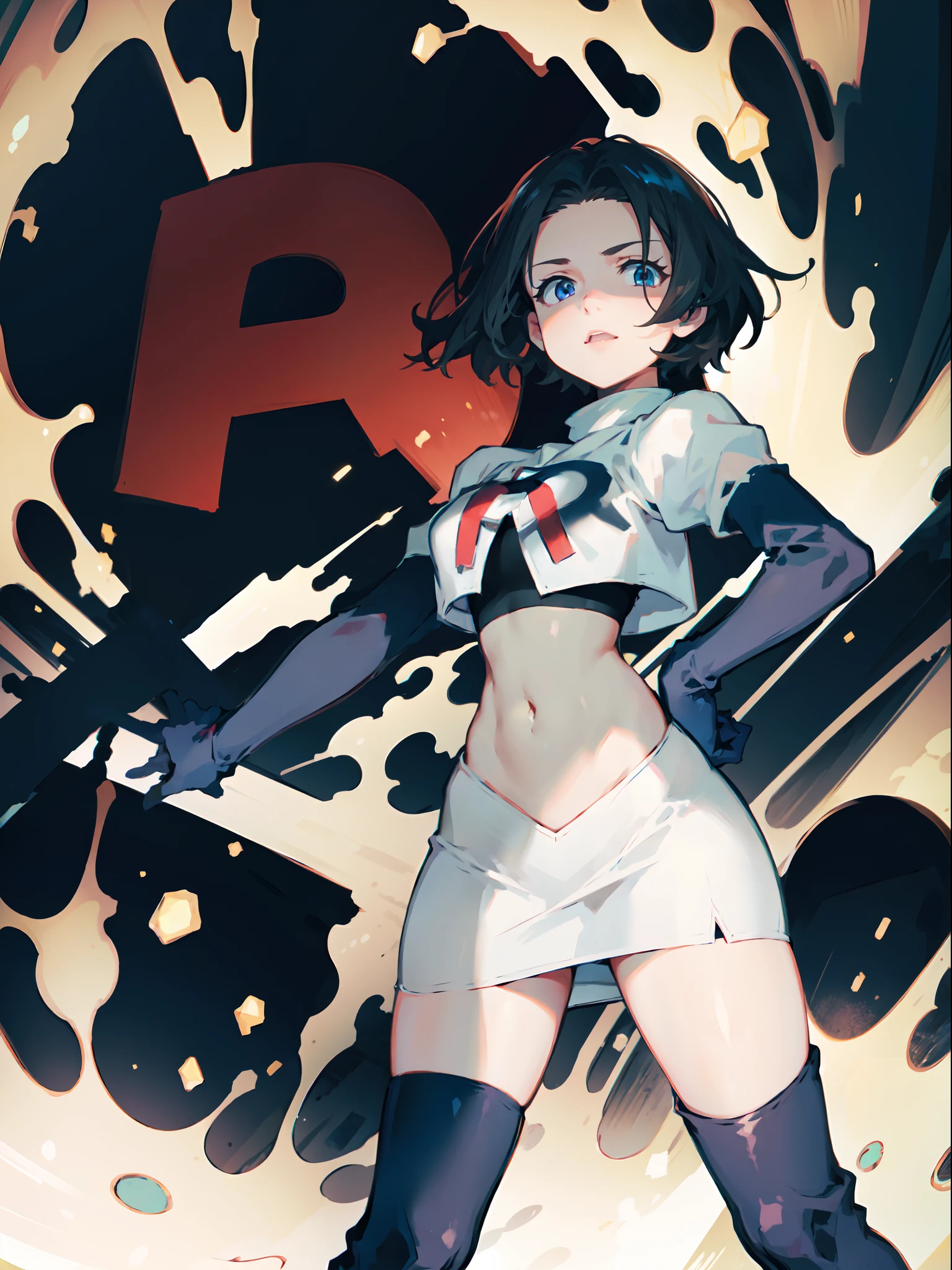 1girl,team rocket,team rocket uniform,white skirt,crop top,black thigh-highs,black elbow gloves,