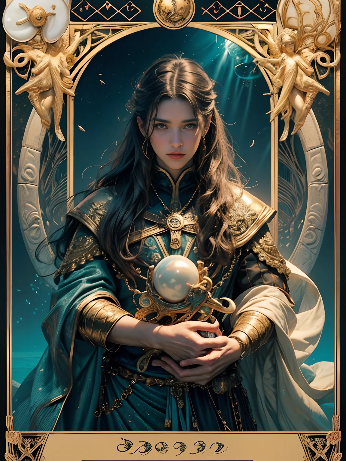 tarot cards，Full tarot border，(The image is surrounded by a tarot card-style border:1.8)（best images quality），（Extremely detailed description），offcial art, Unity 8k壁纸, Ultra-detailed, Beautiful and aesthetically pleasing, tmasterpiece, best qualityer, 1 piece of medieval armor，, (Hairstyles: Long hair) Ocean, Extremely detailed, dynamic angle, Cowboy shot, The most beautiful forms of chaos,  Fauvistdesign, vivd colour, romanticism lain, Seafoam, Buble, shells, Fish, pearls，Holding a cute toy，Strong man，Vintage style，（zentangle，datura，Tangles，entangled），holy rays，gold foil，Gold leaf art，glitter drawing