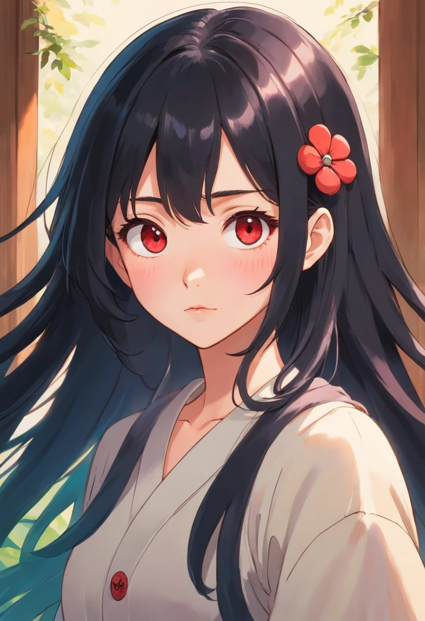20 year old girl with black hair and red highlights, capul, Brown almond eyes with long eyelashes, labios finos, button nose, cara redonda y cachetes rosados.