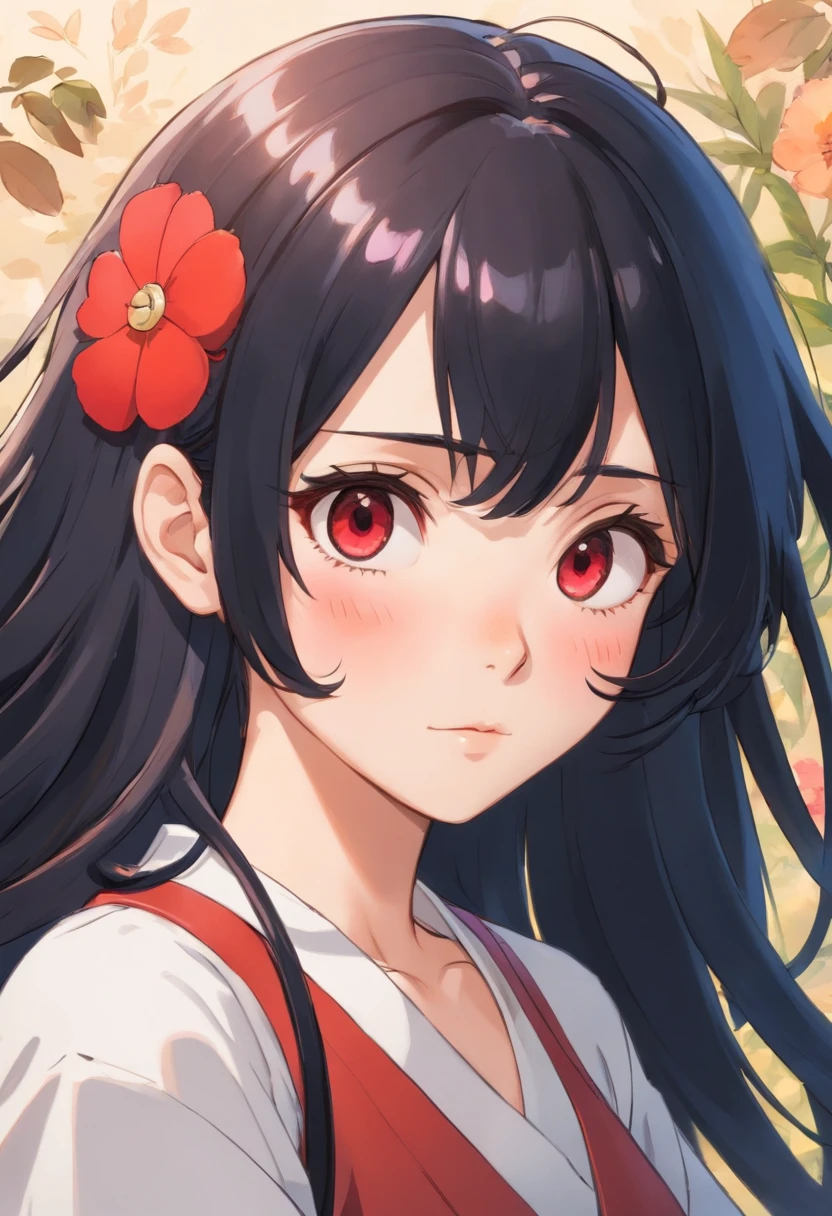 20 year old girl with black hair and red highlights, capul, Brown almond eyes with long eyelashes, labios finos, button nose, cara redonda y cachetes rosados.