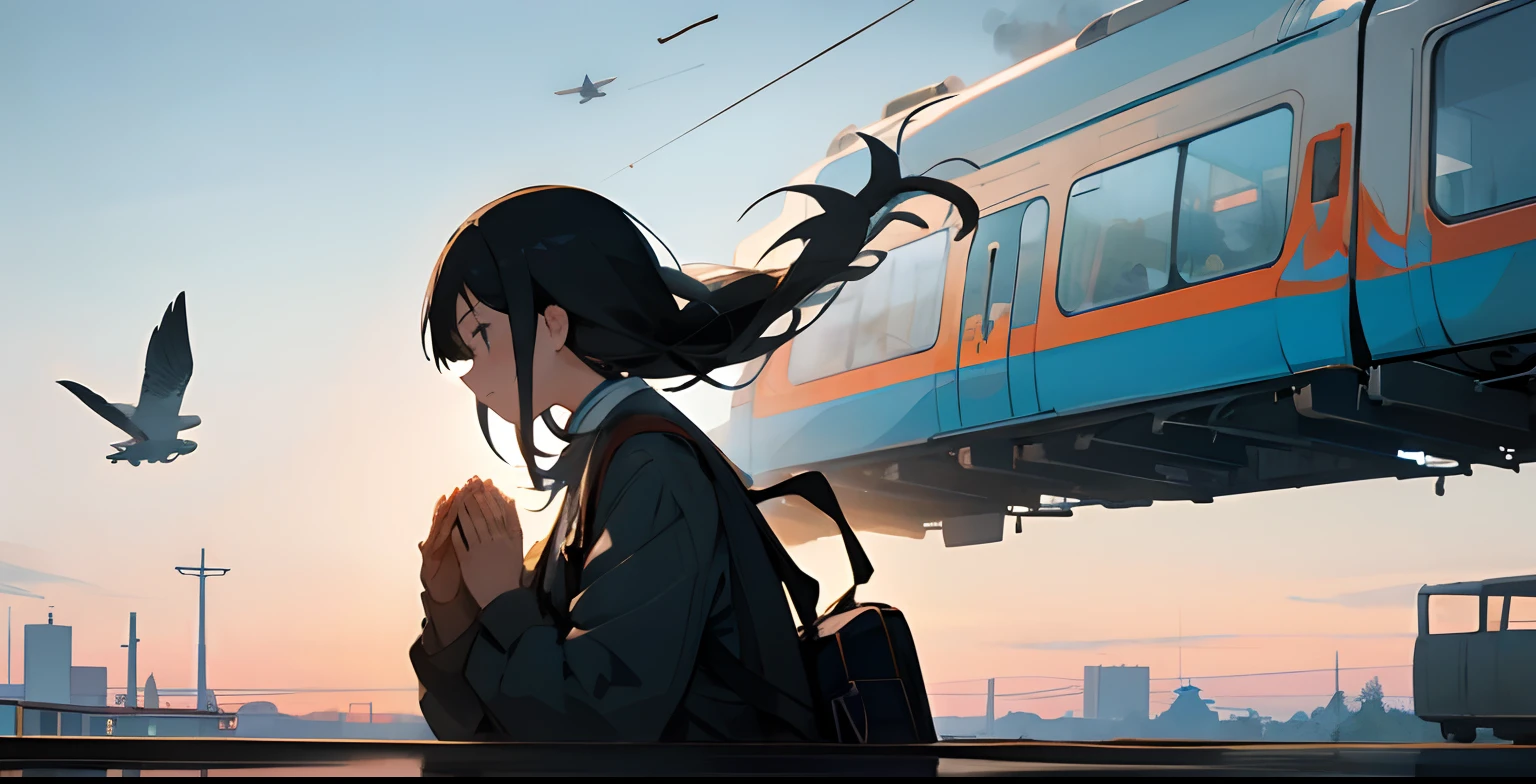 Profile of a girl praying to a flying train、The train is floating