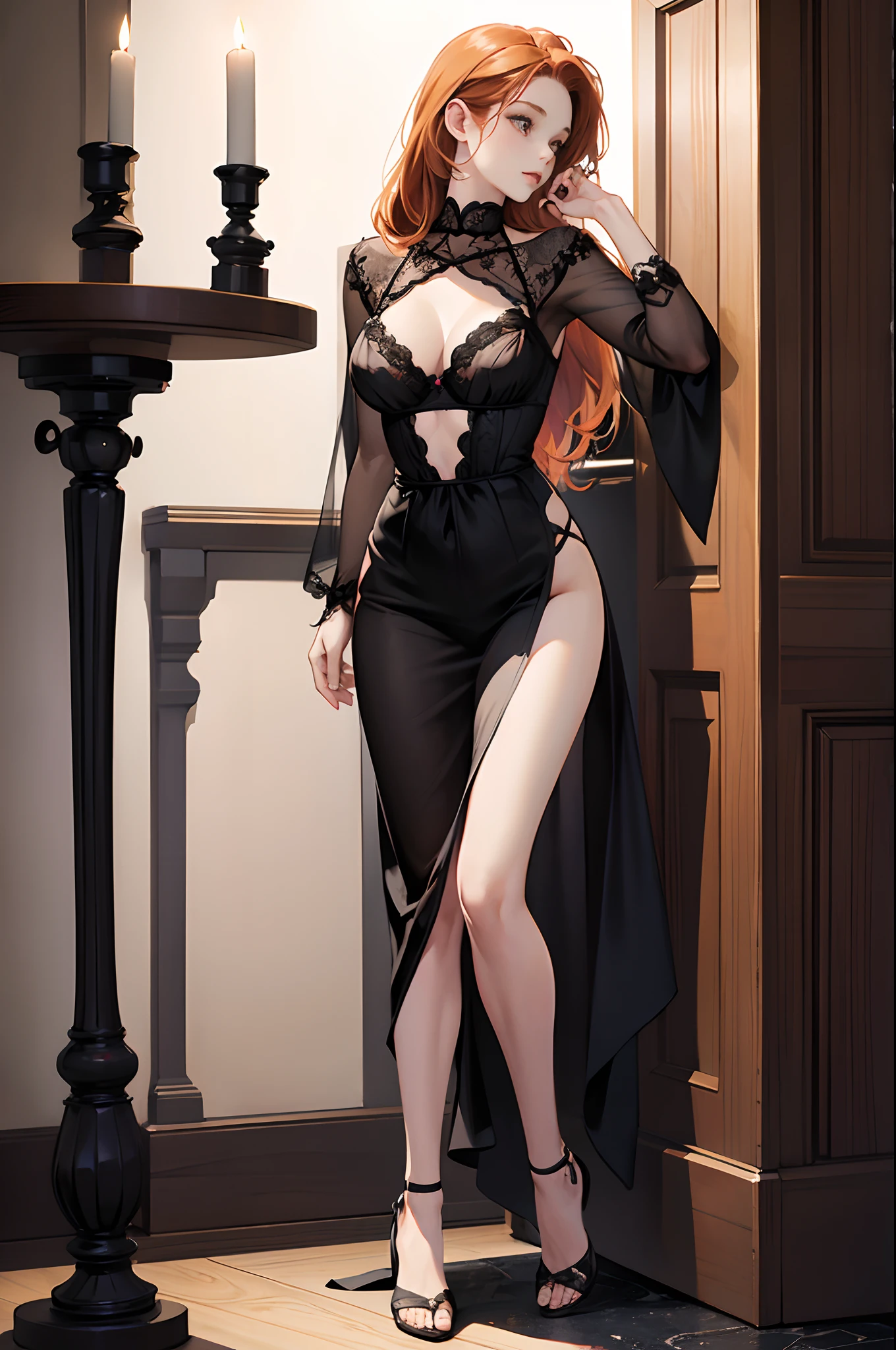 girl, ginger hair, petite body, large breast, In lace lingerie, realistic, seductive pose ,(full body:1.5)