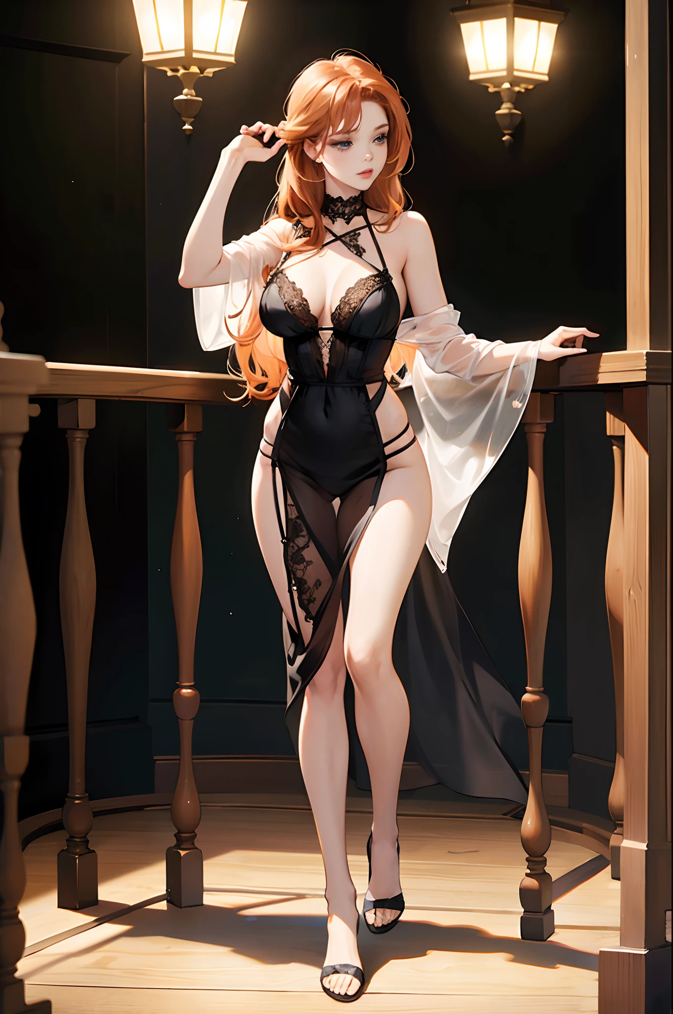 girl, ginger hair, ite body, large breast, In lace lingerie, realistic, seductive pose ,(full body:1.5)