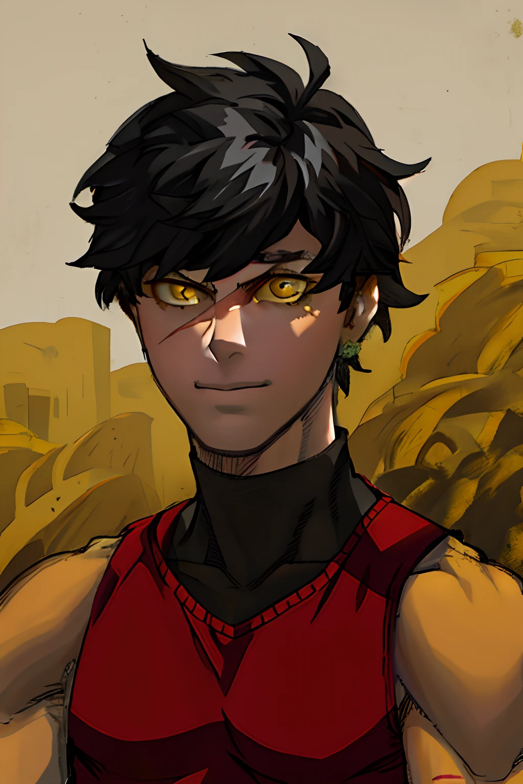 Boy with a scar across his nose, short black curly hair, yellow eyes, muscular, wearing a red turtleneck tank top
masterpiece, best quality, highres, 1boy, solo, emet selch, white streaked hair, black hair sitting, hand on own chin, looking at viewer, upper body, serious, shaded face