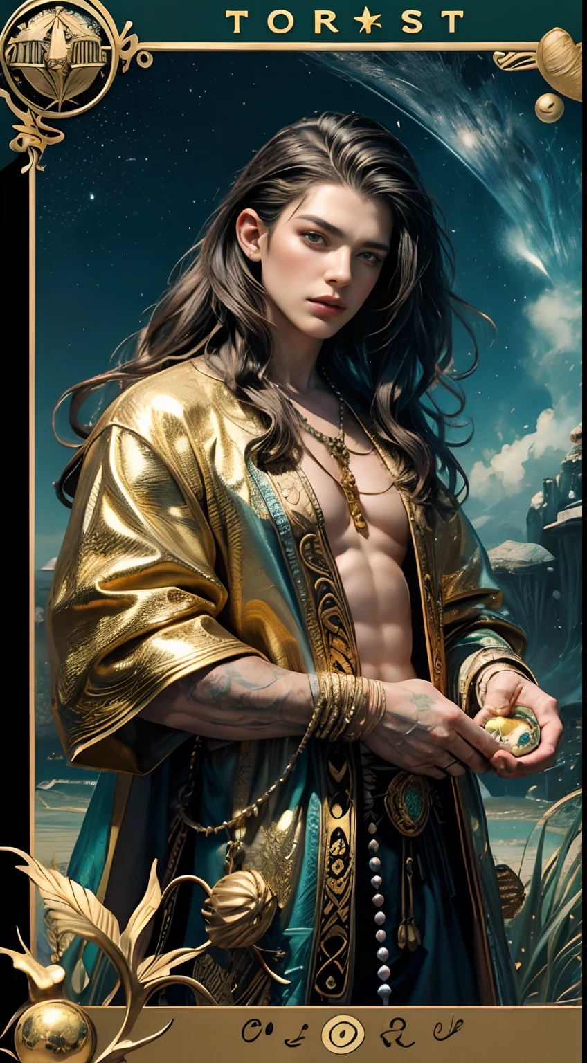 Classical constellation chart style, painting, Greek mythology, a handsome, strong, young and naked male god is sitting in a gorgeous palace flying in the clouds and mist. He has gorgeous golden ornaments and countless constellation-themed tattoos on his body, in a magnificent and painting-like black Night sky background, stars, moon, temple, clouds, full of details, masterpiece,