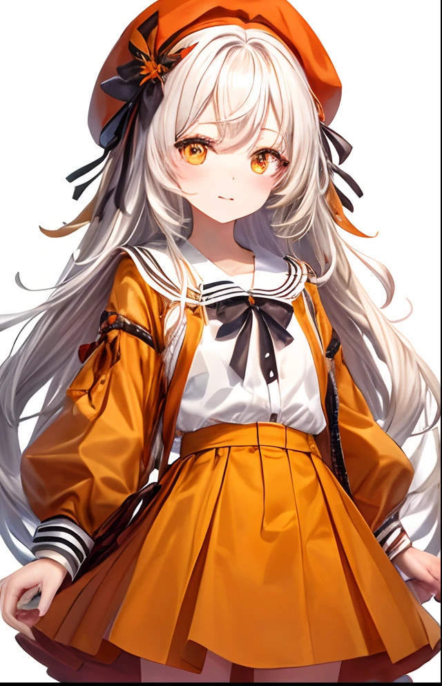 girl with、No background、without background、Background through、Golden white hair、Two knots、Twin-tailed、Orange-eyed、Orange Eyes、Orange-eyed beret、bow ribbon、Orange skirt、white shirt、autumnal、kawaii、No background、