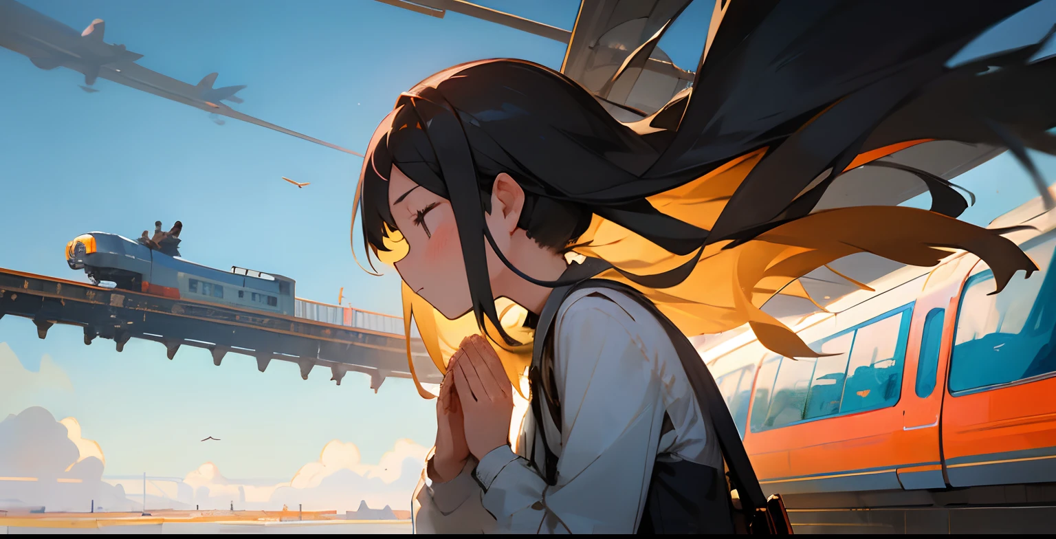 Profile of a girl praying to a flying train、The train is floating