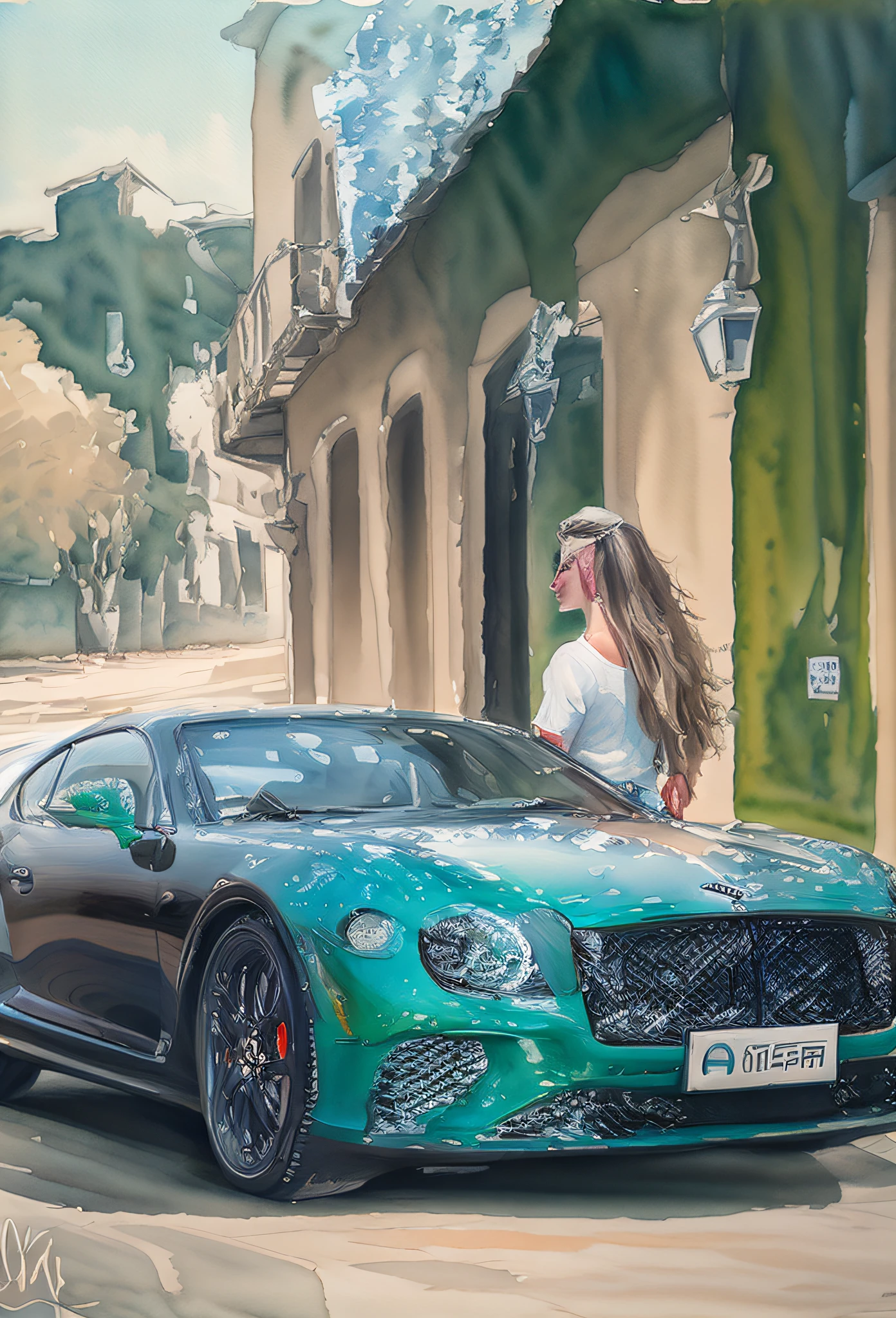 Draw a green sports car, inspired by Bernardo Cavallino, Car portrait, Detailed painting 4 K, highly detailed water colour 8k, highly detailed water colour 8 k, super realistic painting style, Bentley, highly detailed 4 k painting, Realistic painting style, 8 K HD detailed oil painting, Rich colors and details