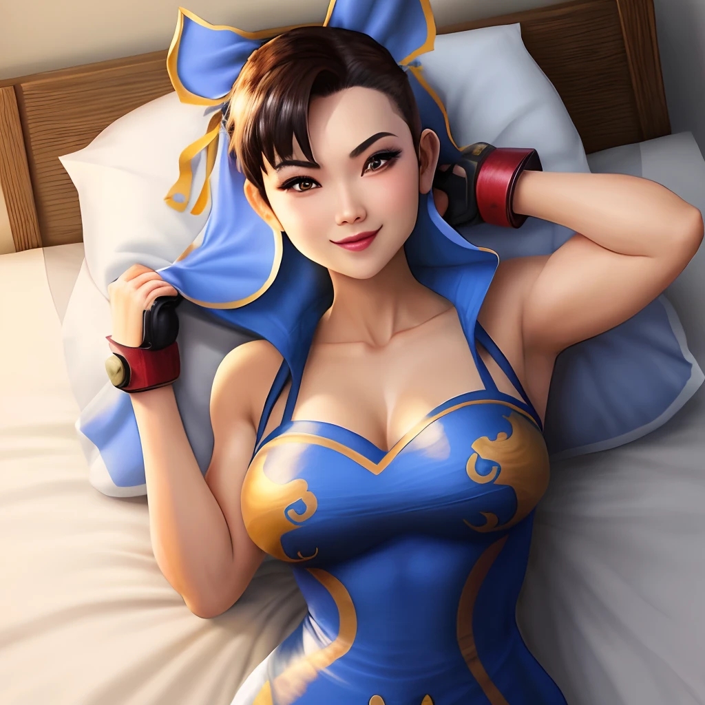  bonita sozinha em cima da cama em cima de uma almofada de joelhos vestida de  personagem chun li do jogo street fighter