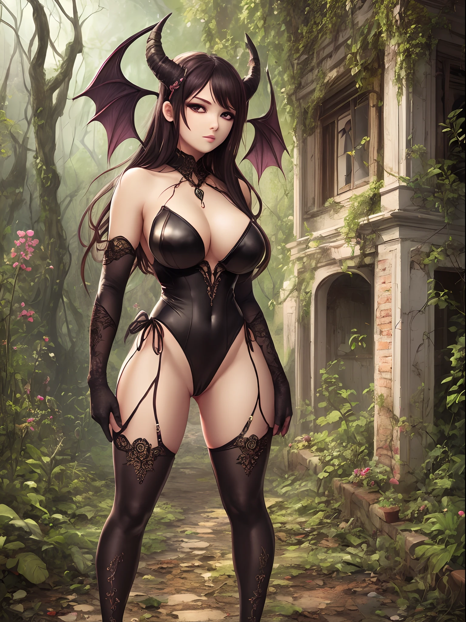 Succubus, view front, Marked genitalia, wide hip, extreme beauty, full body, leotard, personification of lust, in abandoned garden --auto --s2