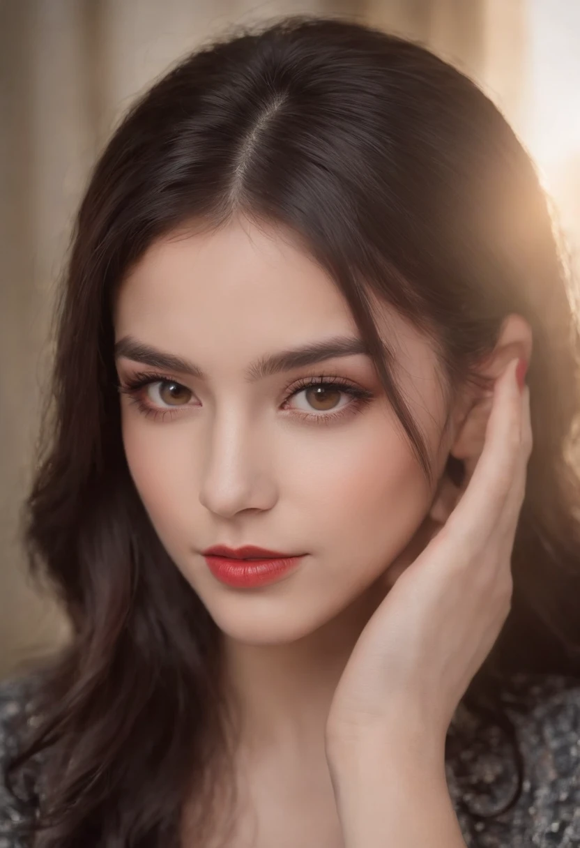 20 year old girl with black hair and red highlights, capul, Brown almond eyes with long eyelashes, labios finos, button nose, cara redonda y cachetes rosados, tez clara, cejas definidas y oscuras.