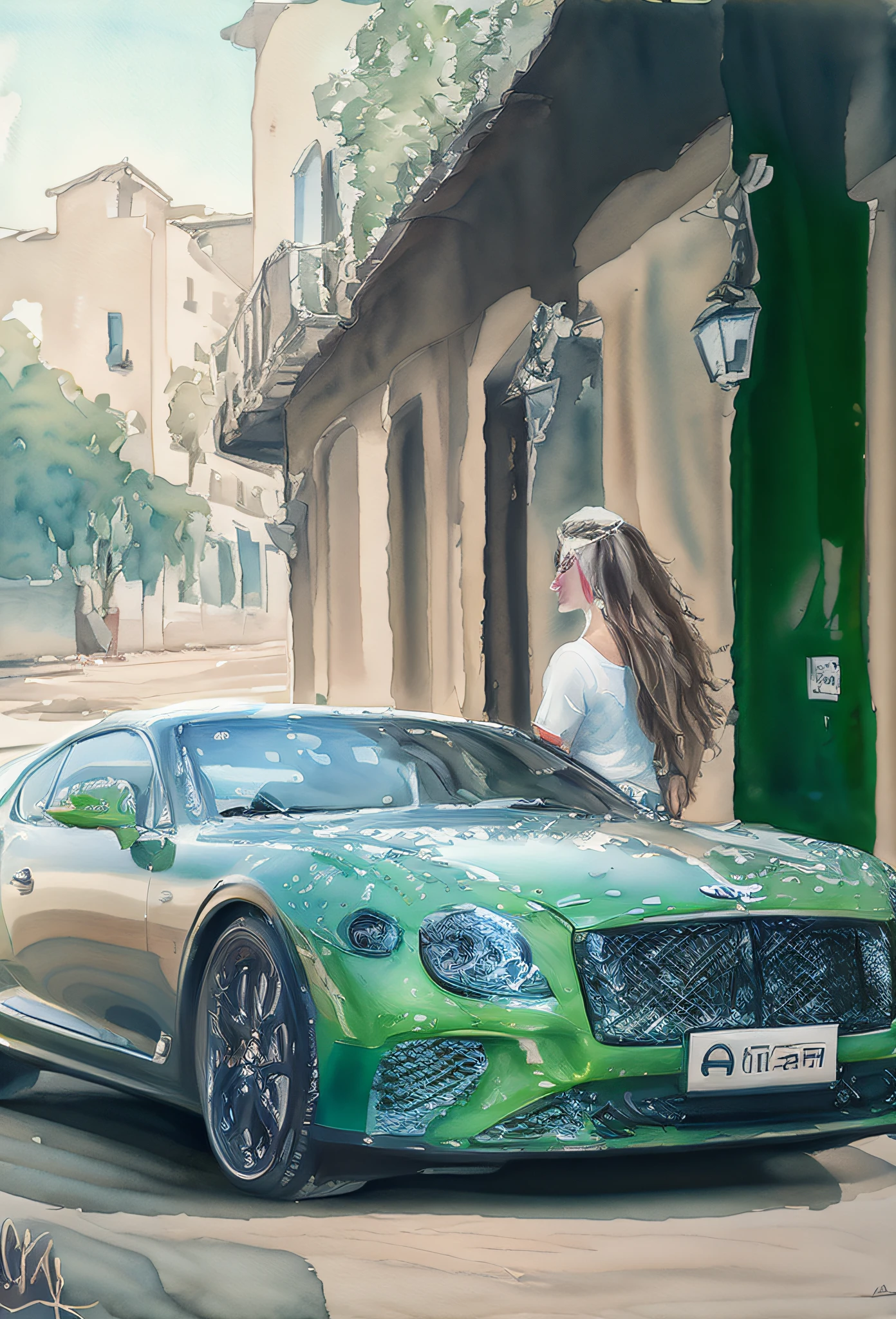 Draw a green sports car, inspired by Bernardo Cavallino, Car portrait, Detailed painting 4 K, highly detailed water colour 8k, highly detailed water colour 8 k, super realistic painting style, Bentley, highly detailed 4 k painting, Realistic painting style, 8 K HD detailed oil painting, Rich colors and details