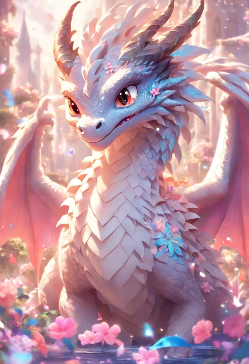 dragon blanc mignon, romantique, aux yeux bleus, with a big heart-shaped belly and a flower