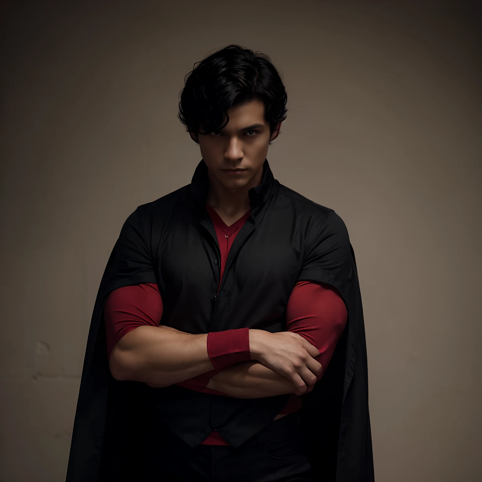 prince. He has a lost look, a sorrow hovers in his soul. She wears a black silk robe that falls over her chest. inside a desolate palace. His hair is black and his eyes look with rage and desire. Aligned eyebrows, straight jaw. toned body, wide back. Short and black hair.