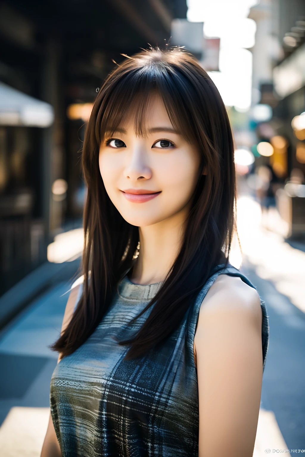 bangs, Tzuyu, woman,complex 3d render ultra detailed, smile, portrait of beautiful woman, moody portrait, striking features, beauty, intricate details, dramatic composition, tension, contrast, texture, realism, high-quality rendering, stunning art, high quality, film grain, Fujifilm XT3,swirly bokeh,(realistic, photo-realistic:1.2),RAW photo,physically-based rendering,(looking at viewer:1.4),(8k, best quality, masterpiece:1.2),(full body shot:1.1),octane render,extremely detailed CG, unity 8k wallpaper,in street,urban,city,(studio soft light,sunlight:1.2),(standing:1.1),(a girl is wearing sleeveless:1.5),hyper realistic detail shiny skin,ultra detailed,(ultra realistic:1.2),(intricate:1.2),(photorealistic:1.2),1girl,(skinny:1.3),detailed background ,(large breasts:1.1)