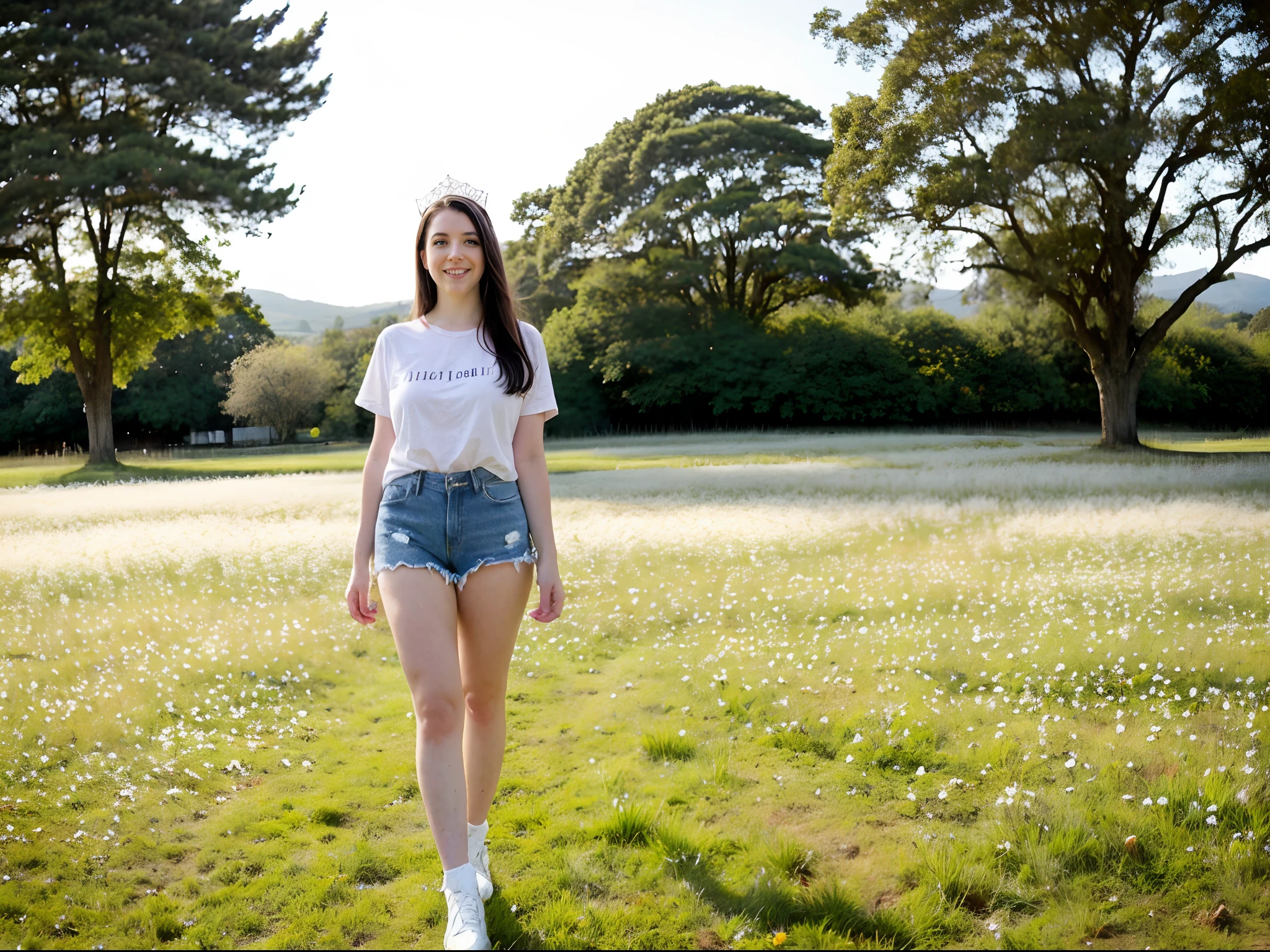 hyper-realistic photo of Angela White, 28 years old (wearing frayed denim shorts and loose white t-shirt) (spring queen outfit, flower tiara) (silky hair, loose hair) (piercing eyes, staring at viewer) (enigmatic smile) in a lush open field (Sonoma, CA, USA), Nature, outdoors, Trees, grass, Bushes, sunny spring day, Spring colors, Analog quality, More shadows, filmic grain, soft shadows, high contrast, RAW , high highlights (full shot, one person, full body)