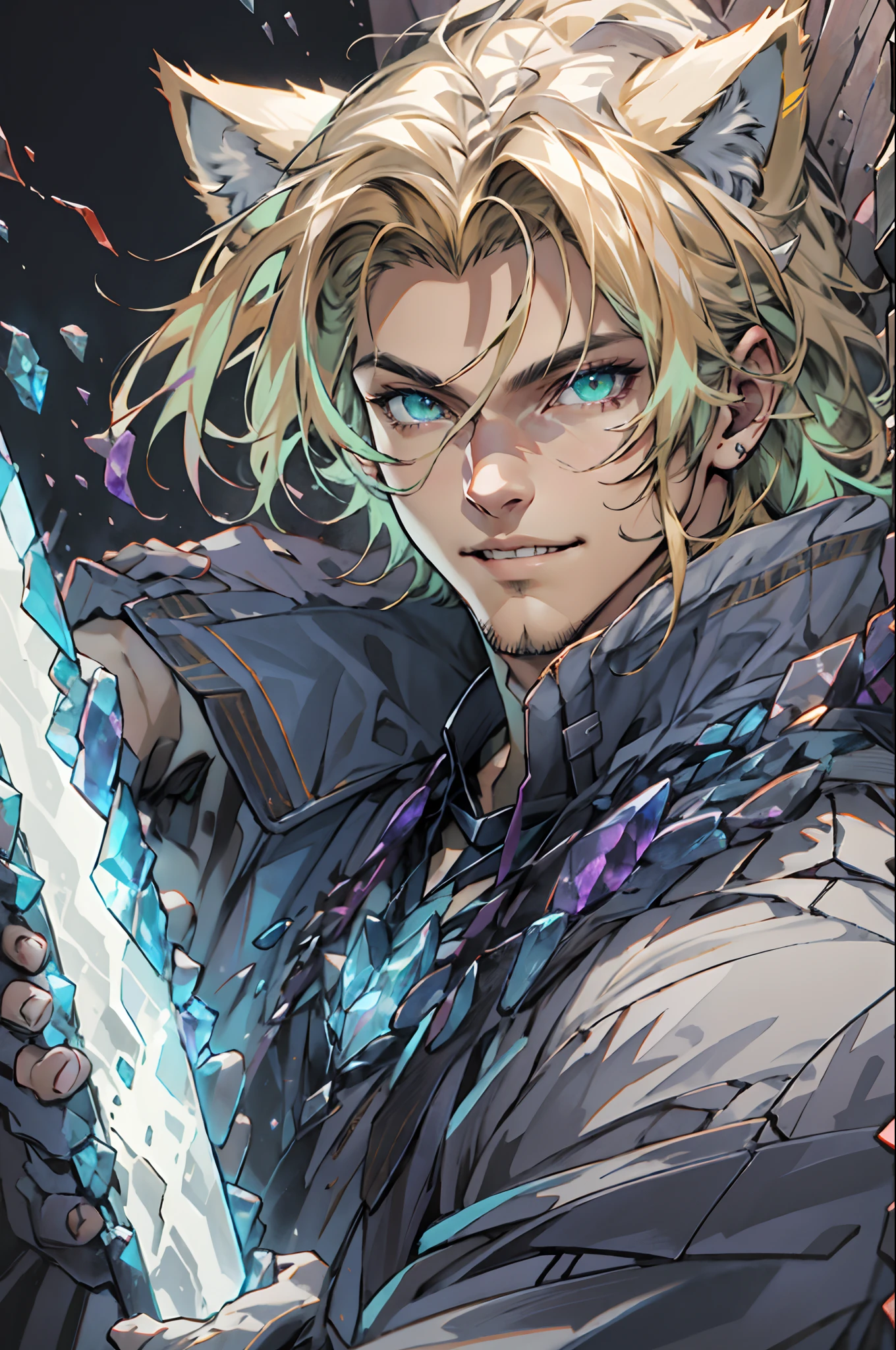 Purple coat, one male, cat ears, long hair, blond, blond hair, green eyes, tall, muscular, white shirt, beautiful face, highest quality, masterpiece, 2d, anime, perfect face, highest detail, feline eyes, stubble, cat tail, wavy hair, purple crystals, smile, battle pose, crystal sword in hand, running, five fingers, y2k style, human hands, bust shot, detailed face, ultra detailed hands, five fingers on each hand