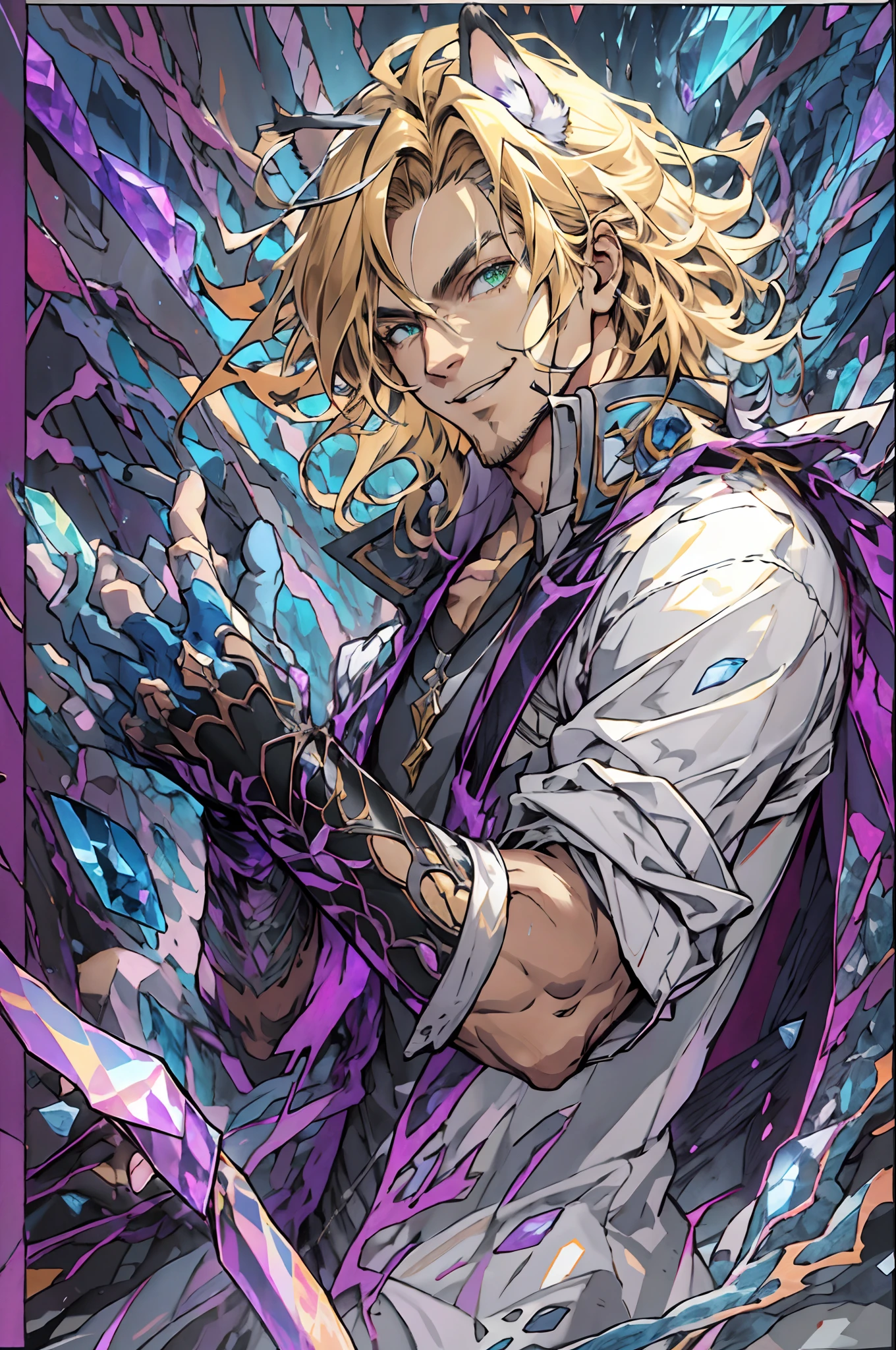 Purple coat, one male, cat ears, long hair, blond, blond hair, green eyes, tall, muscular, white shirt, beautiful face, highest quality, masterpiece, 2d, anime, perfect face, highest detail, feline eyes, stubble, cat tail, wavy hair, purple crystals, smile, battle pose, crystal sword in hand, running, five fingers, y2k style, human hands, bust shot, detailed face, ultra detailed hands, five fingers on each hand