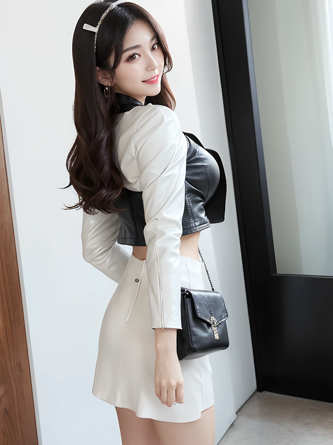 (4 k、top-quality)、(realisitic、Photorealsitic)、(Yakian)、
1girl in、独奏、fullllbody、(Back view)、
perfect hand、up looking_で_the viewer、
whiteshirt、
Daytime urban café、daytime、finerly detailed face、Slightly chubby、The best smile、You can see the double teeth、white hairband、Light brown long curled hair,,(super gigantic breast, cleavage:1.2)、(wearing leather jacket、Black Chic Fashion:1.3) (Cameltoe),35 year old、Nogizaka Idol、actress、Korean Idol、hposing Gravure Idol,place one's arms behind one's back,raise both arm,(Aside)、Model Standing、