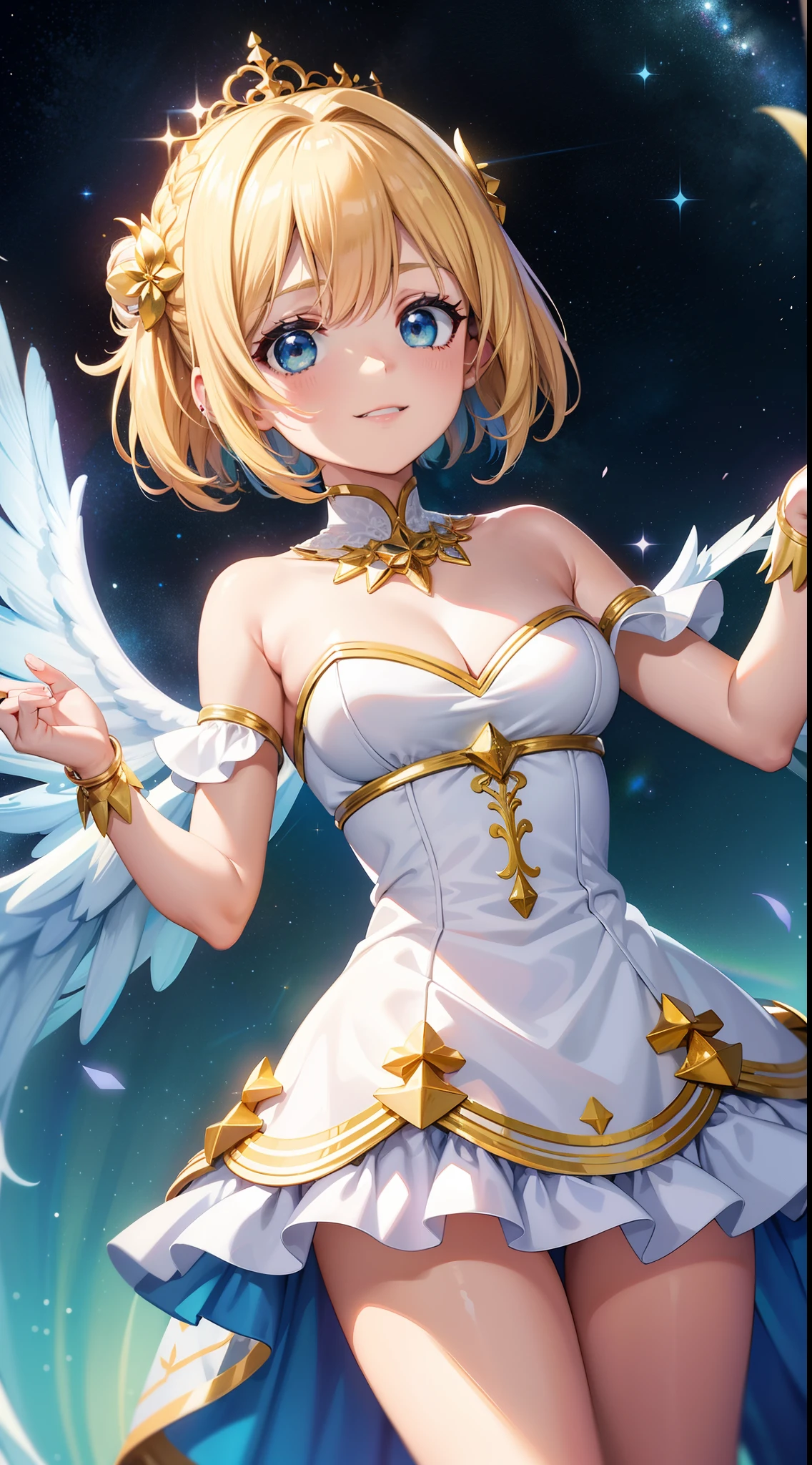 tmasterpiece, Best quality at best, A high resolution, Denina, Blonde hair, short detailed hair, sweeping bangs, shairband, eBlue eyes, the angel's wings, White wings, White shawl, brooch, a blue dress, longer sleeves, black pantyhoses, , sitted, dining room, ssmile, food, Ethane...