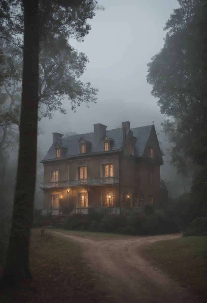 Uma casa em meio a uma neblina