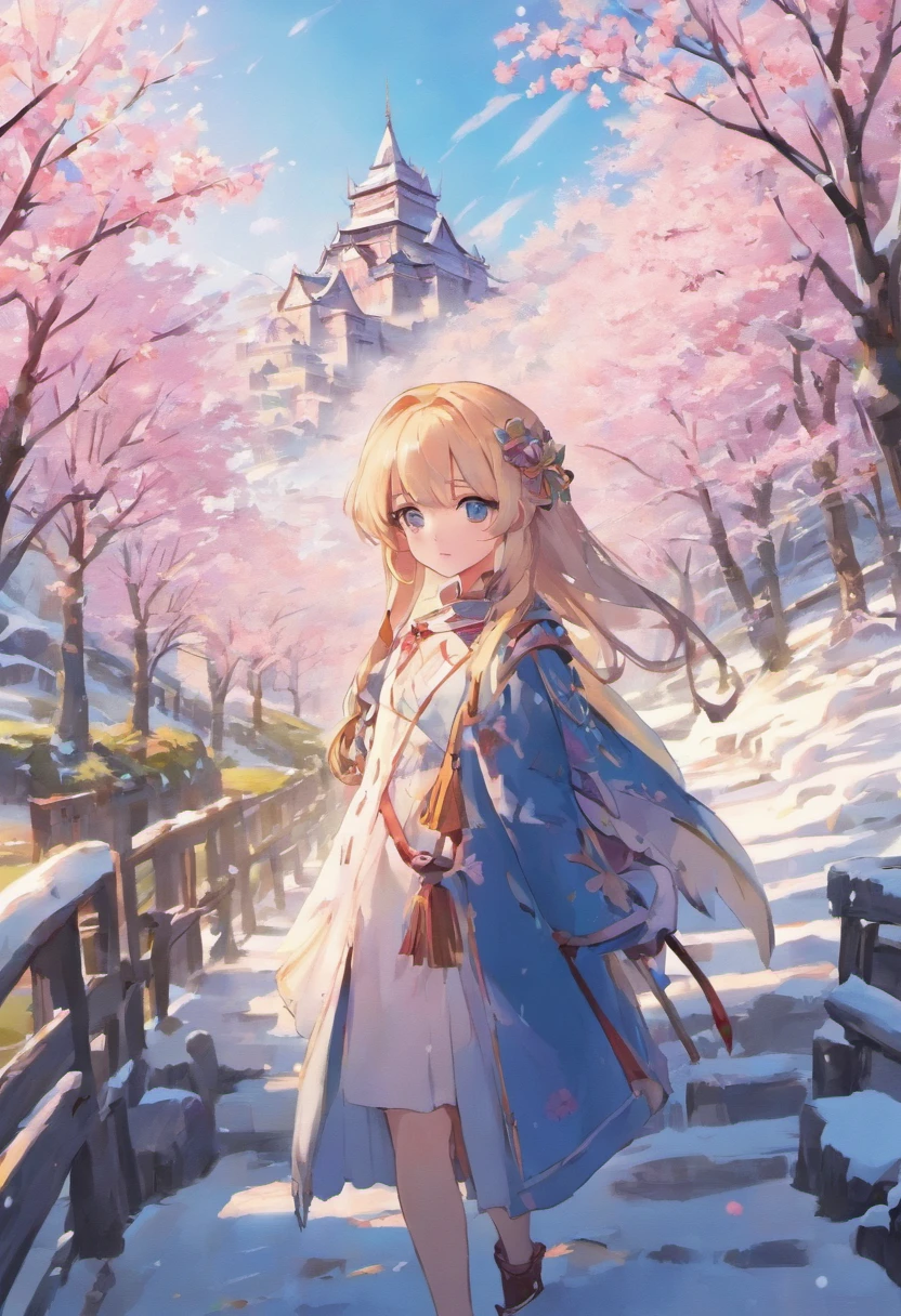(best quality, 4k, 8k, highres, masterpiece:1.2), snowy alpine landscape, picturesque medieval village, surrounded by pine and cherry blossom trees