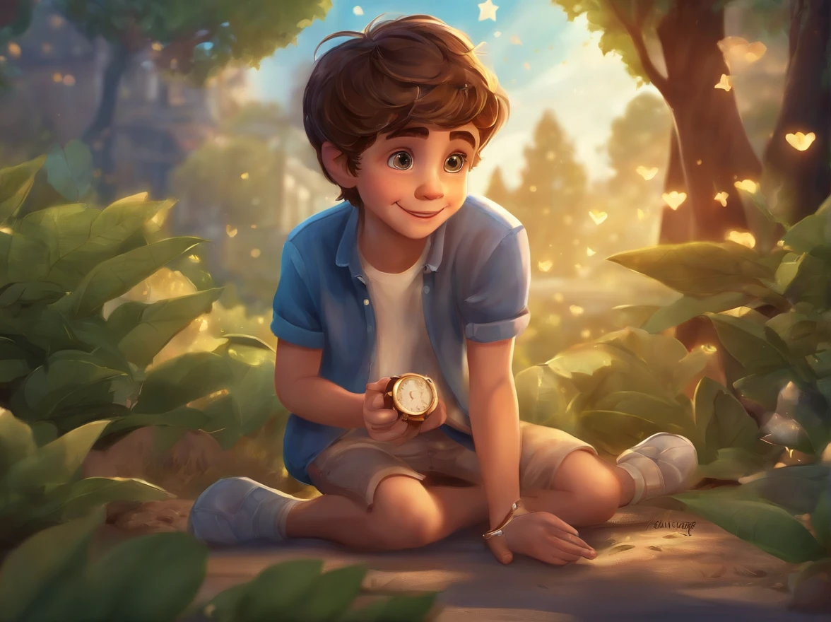 Cartoon boy with magic watch,illustration,design detalhado de personagens,playful expression,paleta de cores brilhantes,soft lighting,bom humor,fundo encantado do jardim,estrelas cintilantes,melhor qualidade,ultra-detalhado,Realistic,estilo anime, Loft