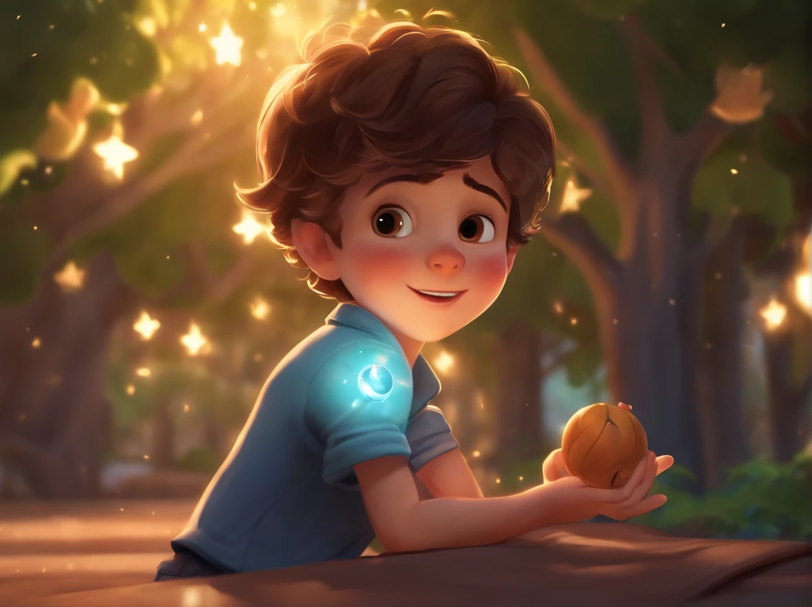 Cartoon boy with magic watch,illustration,design detalhado de personagens,playful expression,paleta de cores brilhantes,soft lighting,bom humor,fundo encantado do jardim,estrelas cintilantes,melhor qualidade,ultra-detalhado,Realistic,estilo anime, Loft