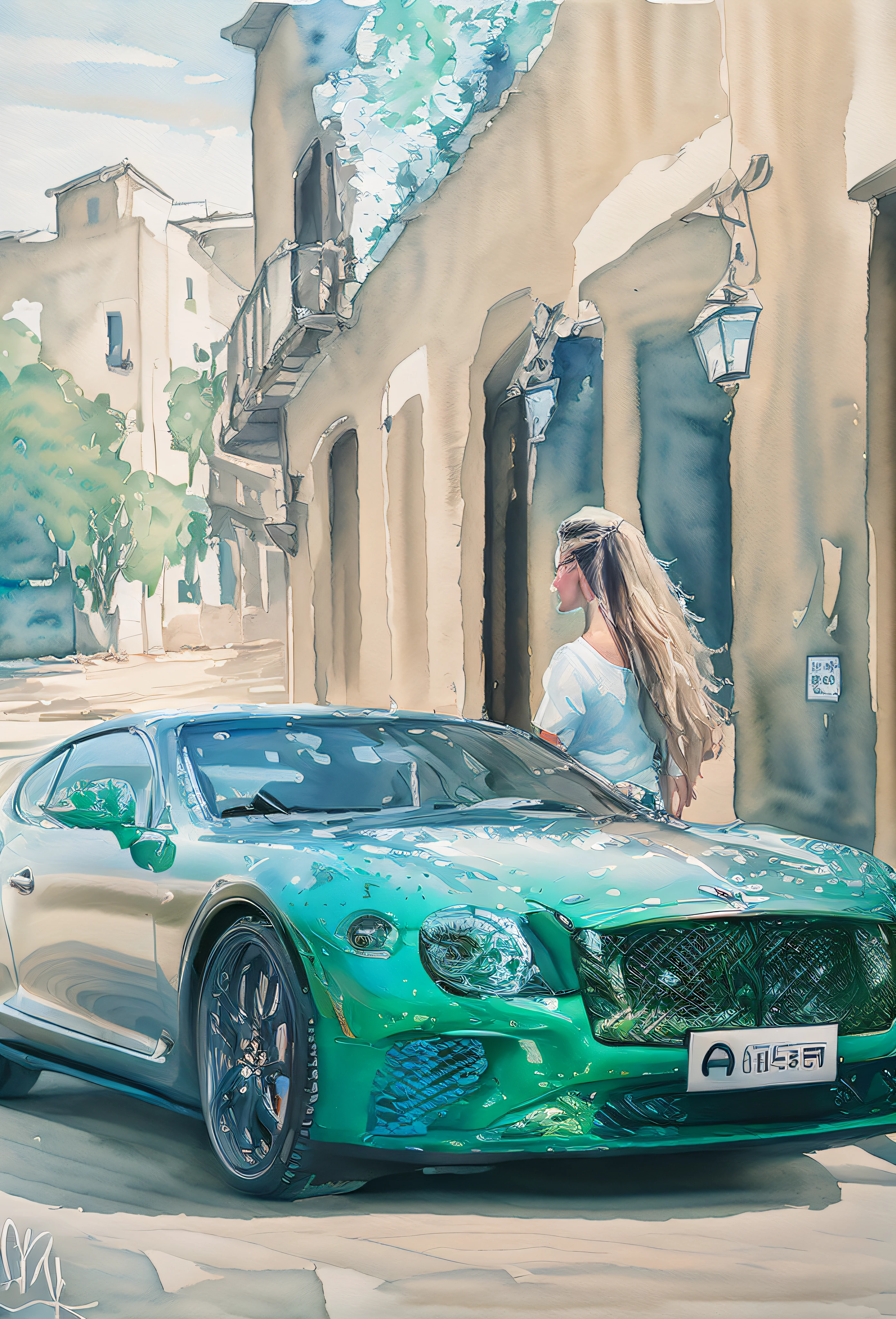 Draw a green sports car, inspired by Bernardo Cavallino, Car portrait, Detailed painting 4 K, highly detailed water colour 8k, highly detailed water colour 8 k, super realistic painting style, Bentley, highly detailed 4 k painting, Realistic painting style, 8 K HD detailed oil painting, Rich colors and details