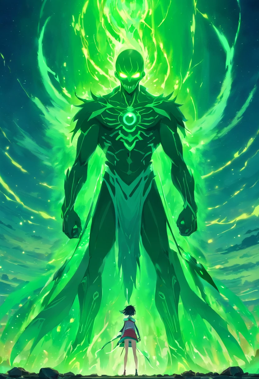 Necromancer masculino com cabeca de cranio, asas de ossos, vestes vermelas, olhos com fogo. Segurando um cajado de caveira vermelho. Fundo da imagem verde