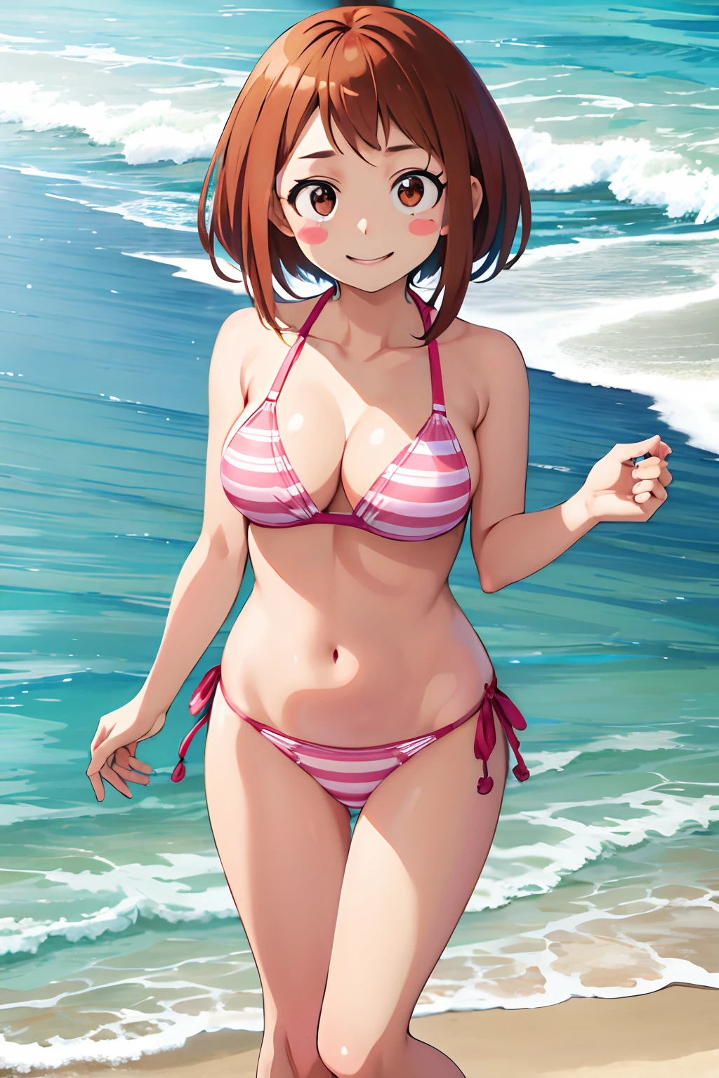 masutepiece, Best Quality, hight resolution, hmochako, blush stickers, Short hair, medium breasts, pink bikini, Cowboy Shot, Standing, Smile, beach background, standing in ocean